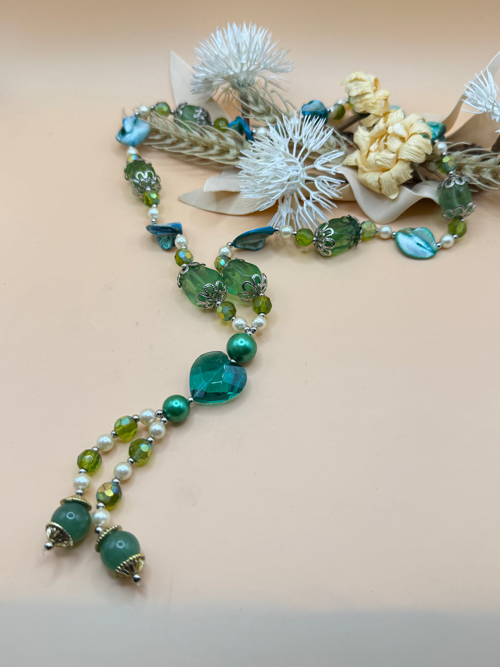 Green and Teal Mixed Bead Y-Drop Necklace – 20 Inch