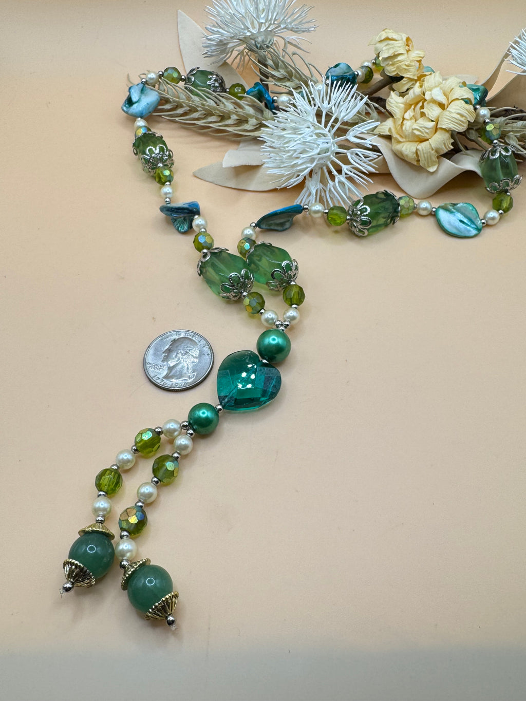 Green and Teal Mixed Bead Y-Drop Necklace – 20 Inch