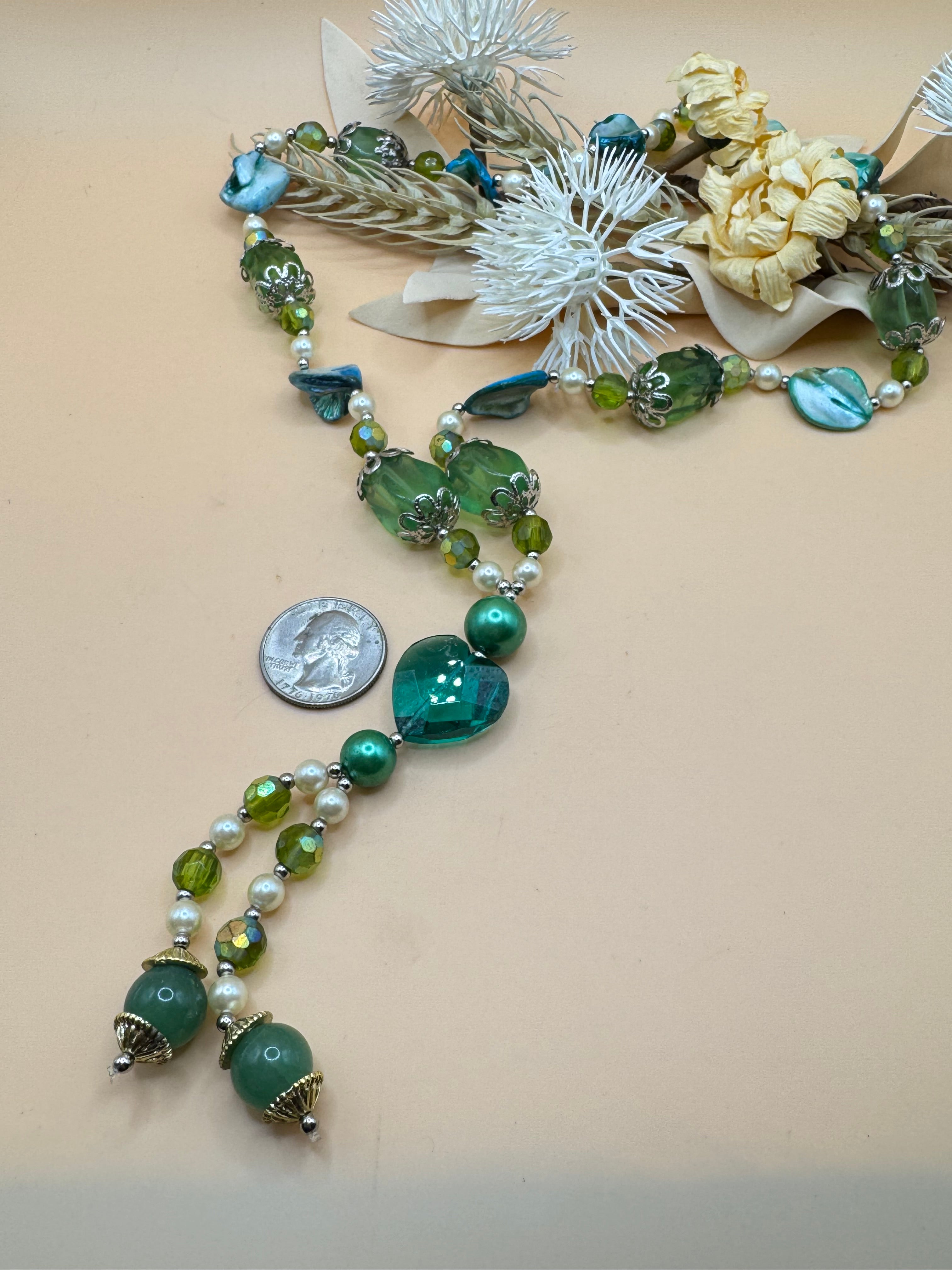 Green and Teal Mixed Bead Y-Drop Necklace – 20 Inch