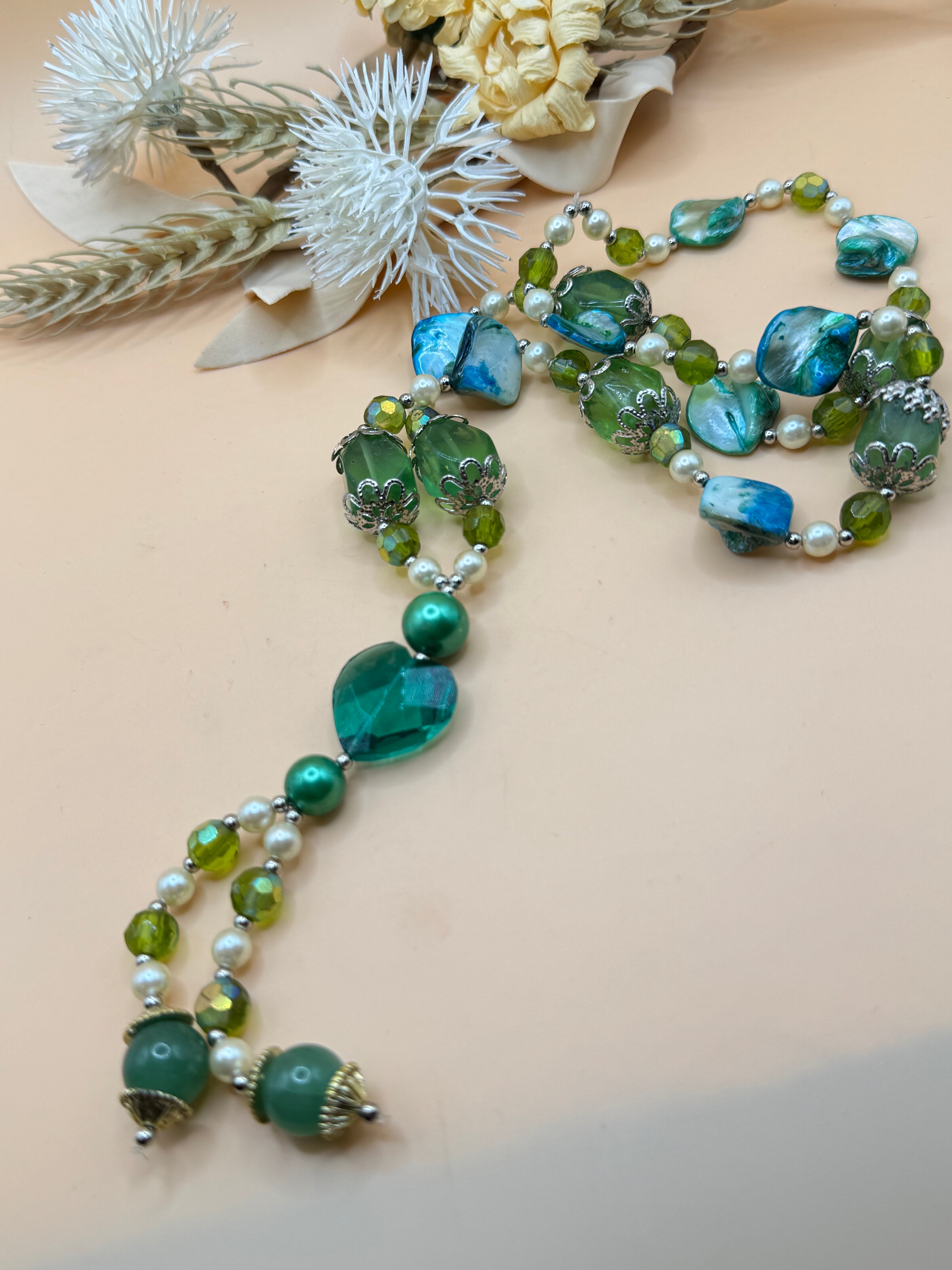 Green and Teal Mixed Bead Y-Drop Necklace – 20 Inch