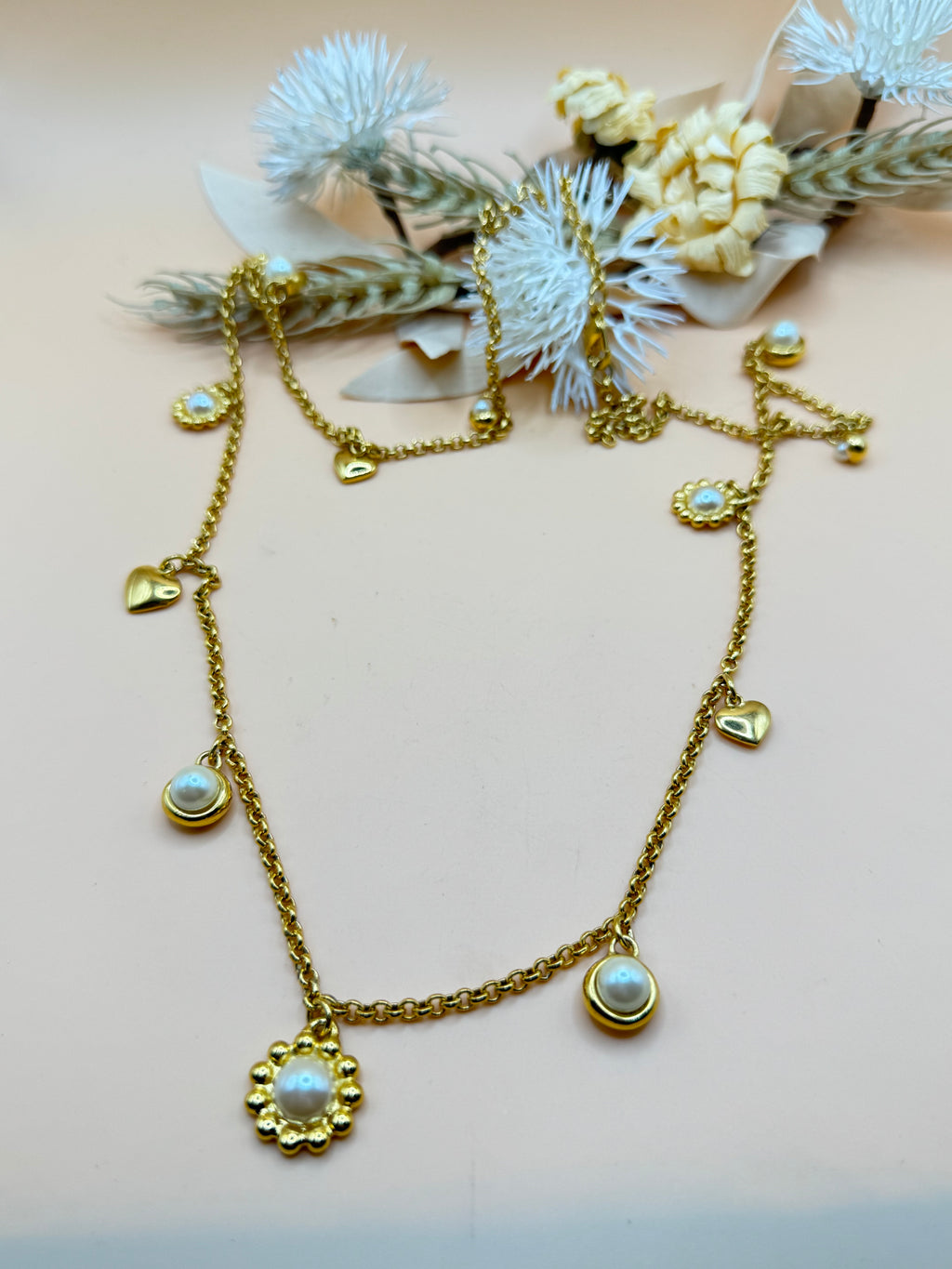 Gold Tone Faux Pearl Heart Charm Necklace & Earrings Set – 34 Inch