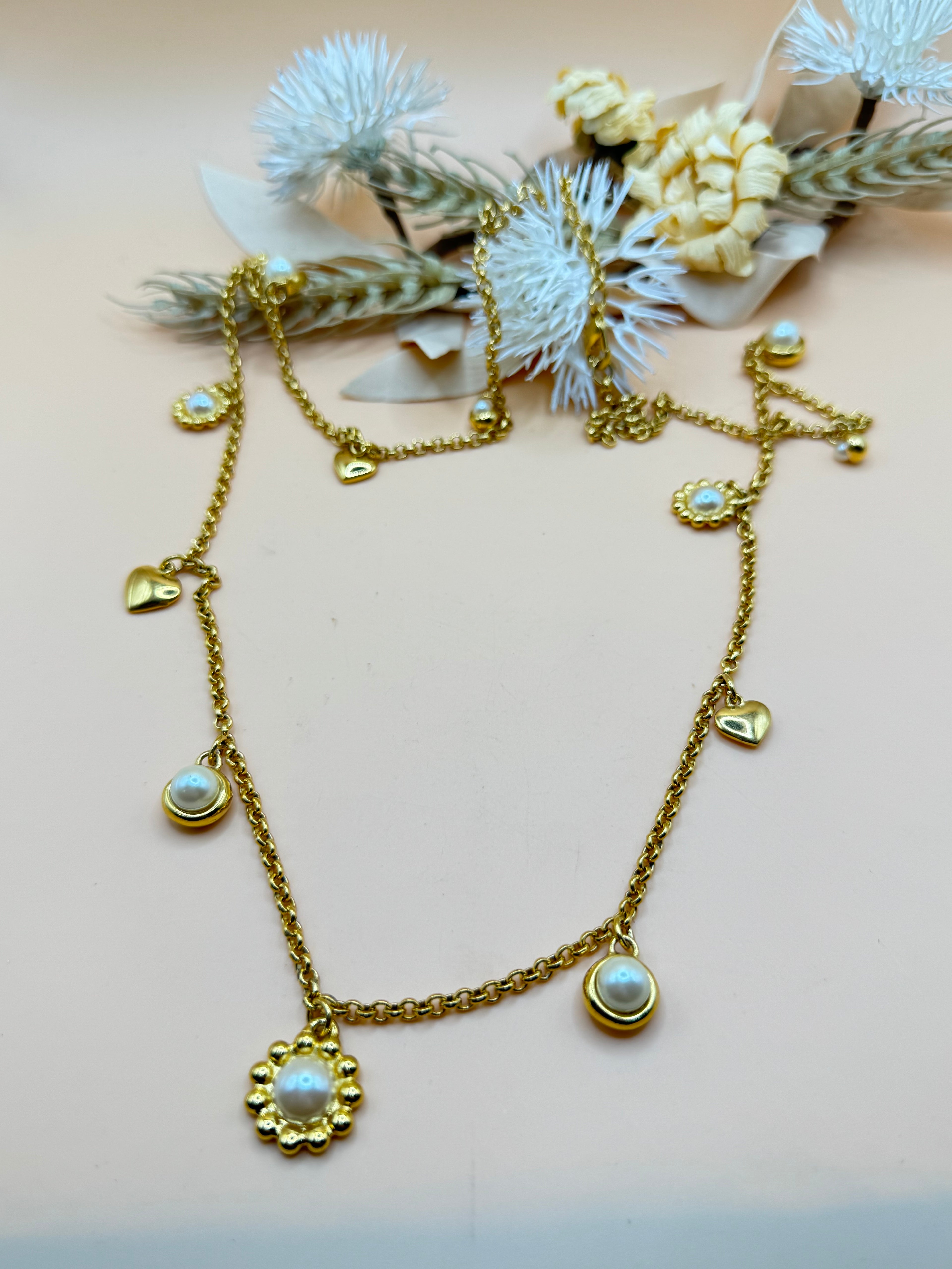 Gold Tone Faux Pearl Heart Charm Necklace & Earrings Set – 34 Inch