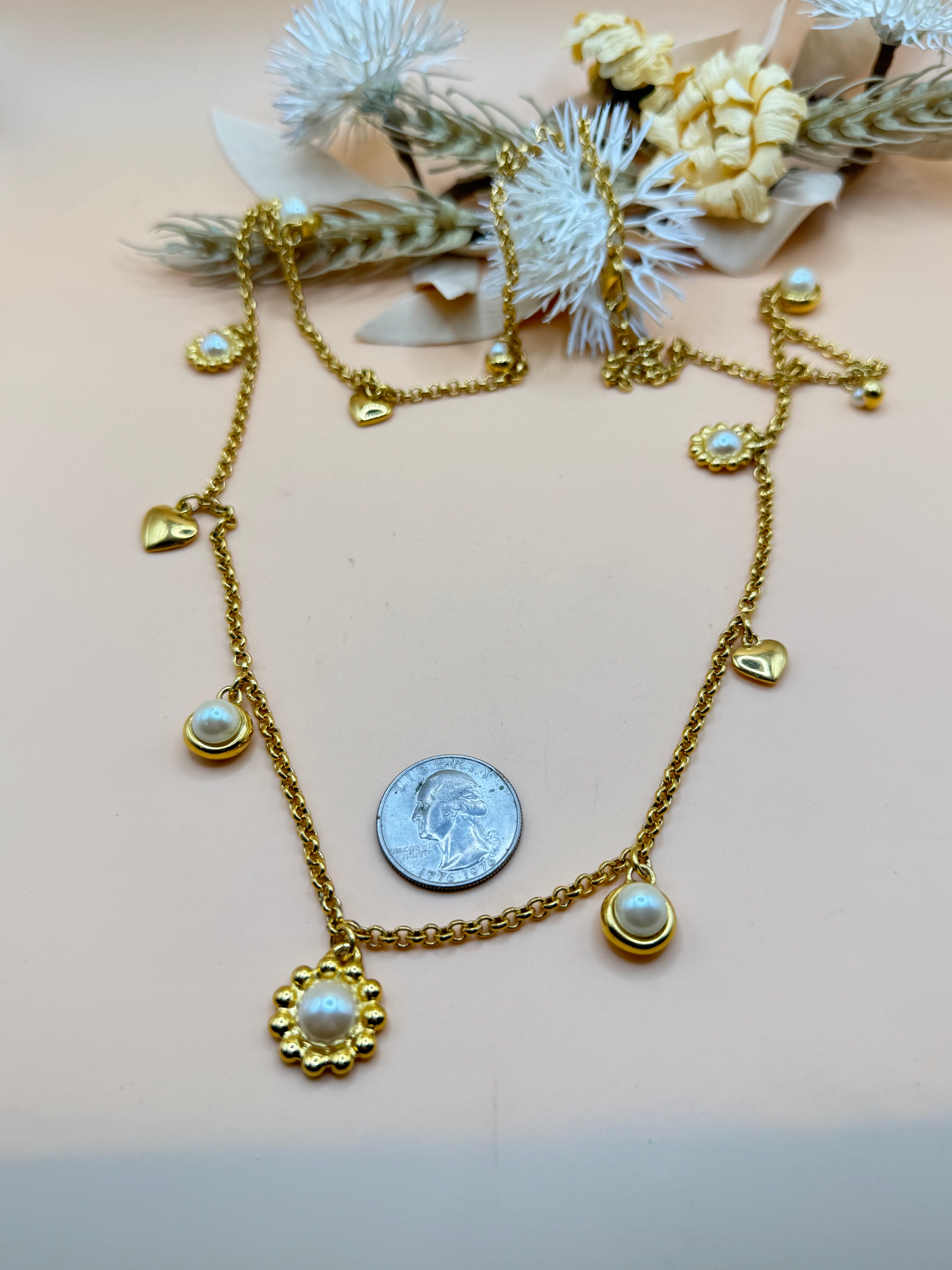 Gold Tone Faux Pearl Heart Charm Necklace & Earrings Set – 34 Inch