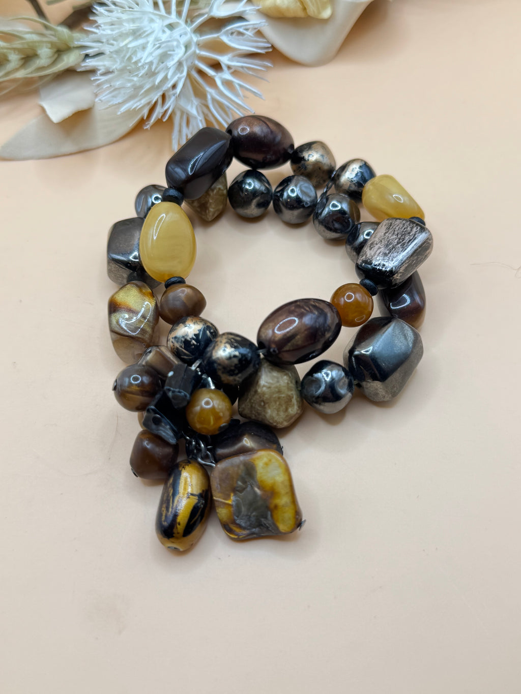 Brown Black & Honey Tone Chunky Multi-Strand Beaded Bracelet