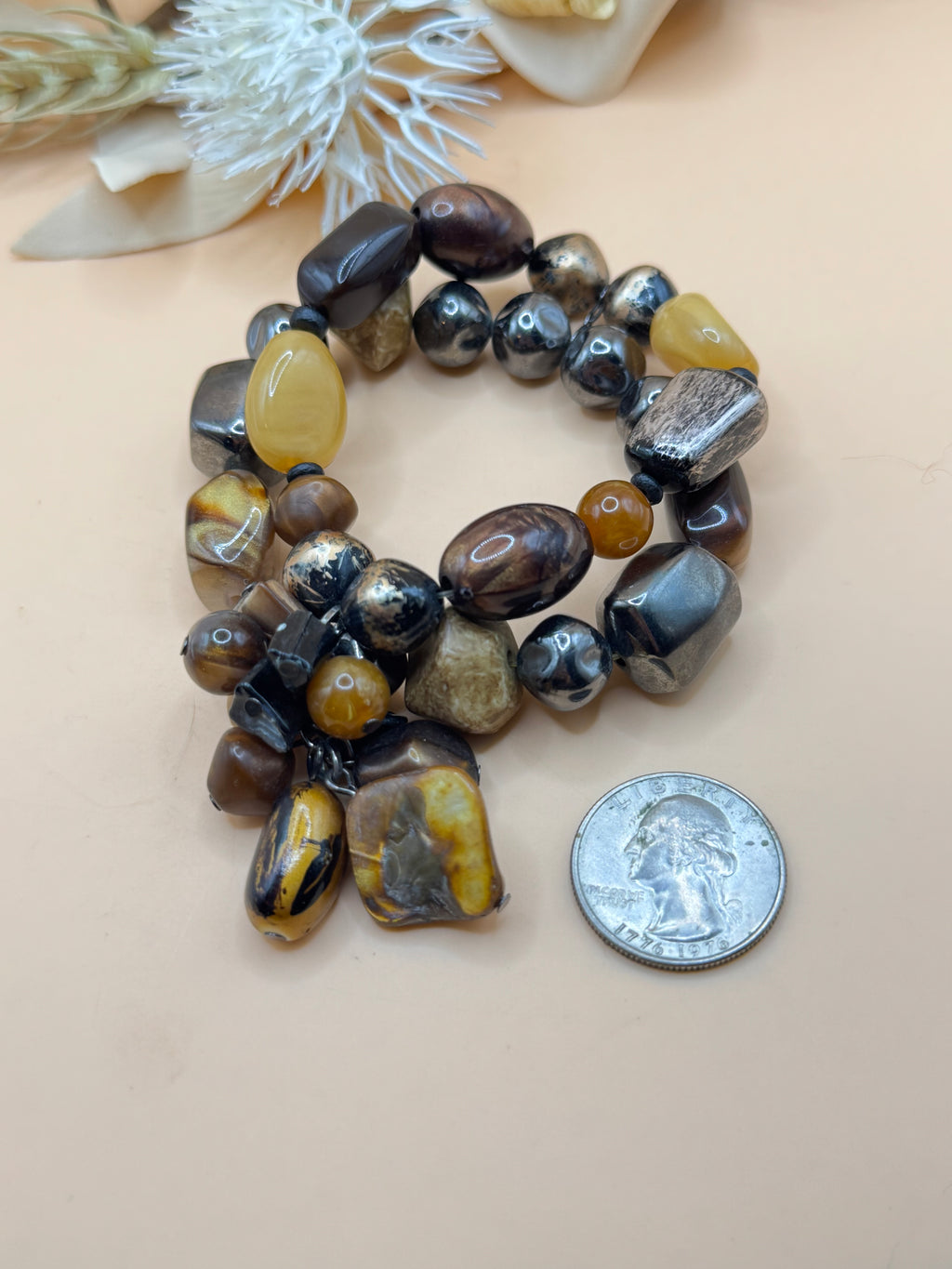 Brown Black & Honey Tone Chunky Multi-Strand Beaded Bracelet