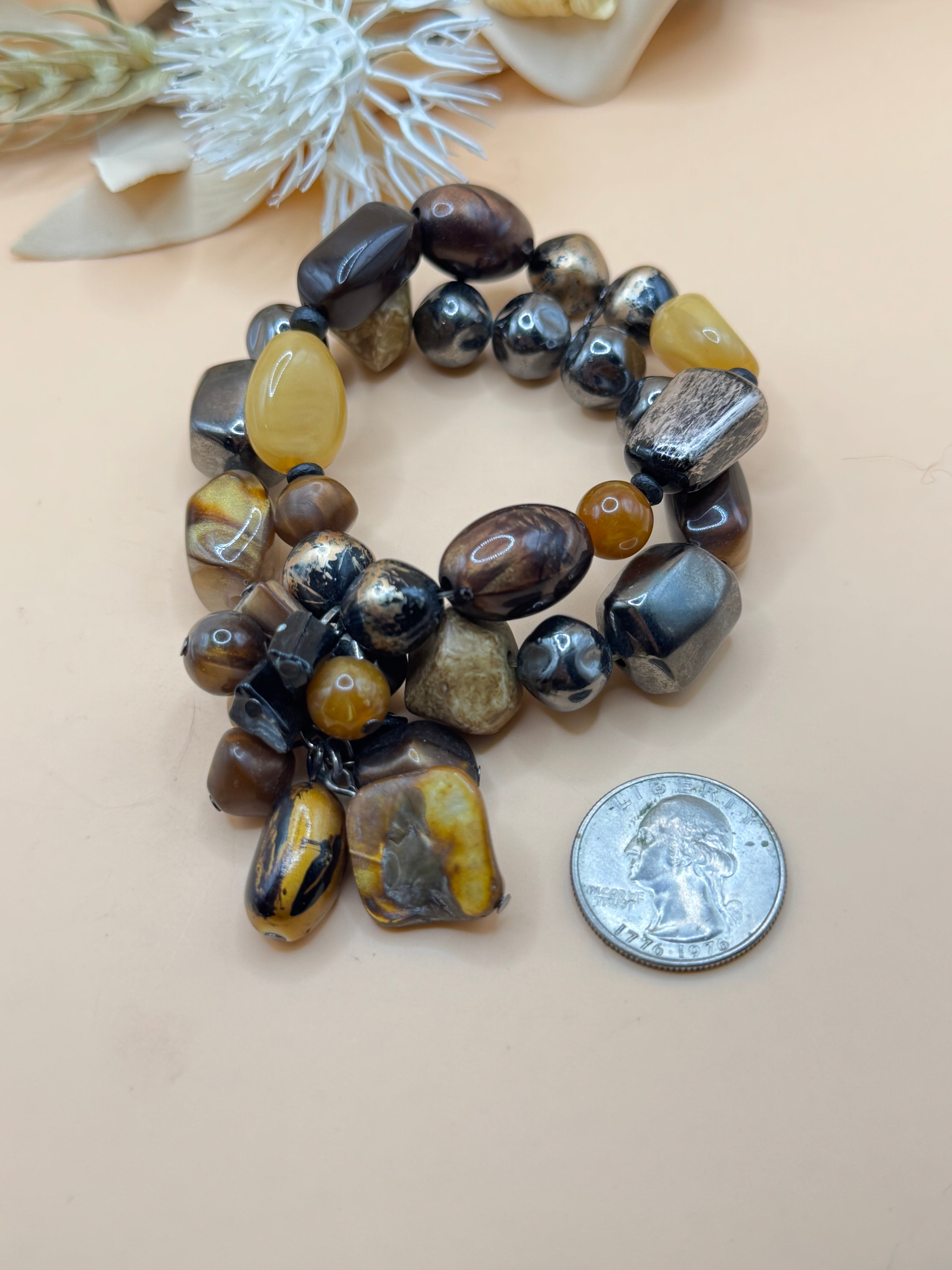 Brown Black & Honey Tone Chunky Multi-Strand Beaded Bracelet