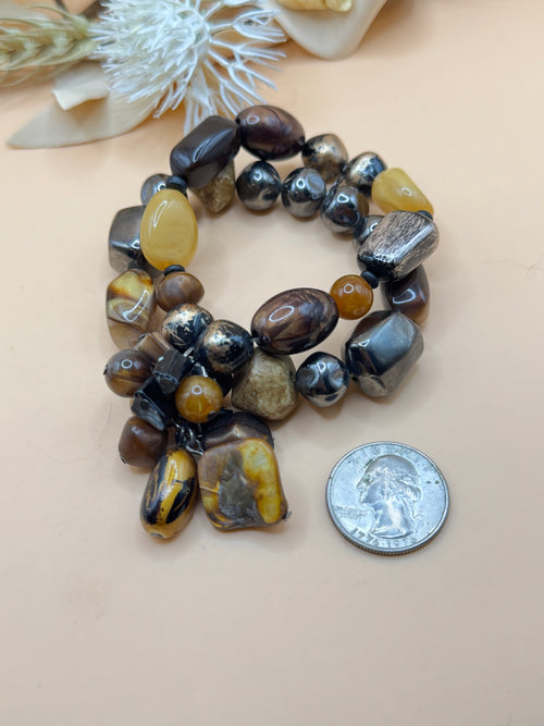 Brown Black & Honey Tone Chunky Multi-Strand Beaded Bracelet