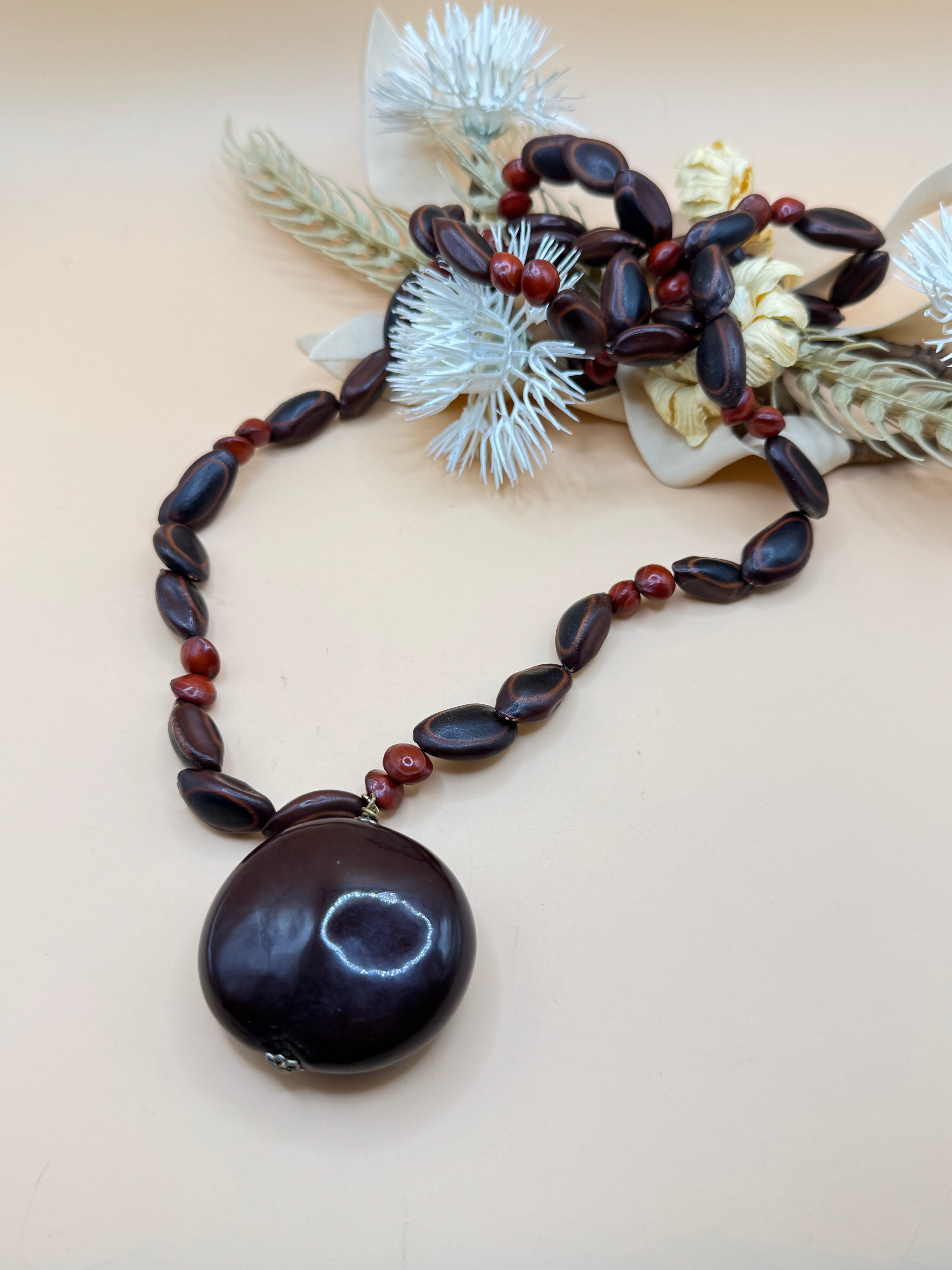 28” Brown Wood & Red Beaded Statement Pendant Necklace