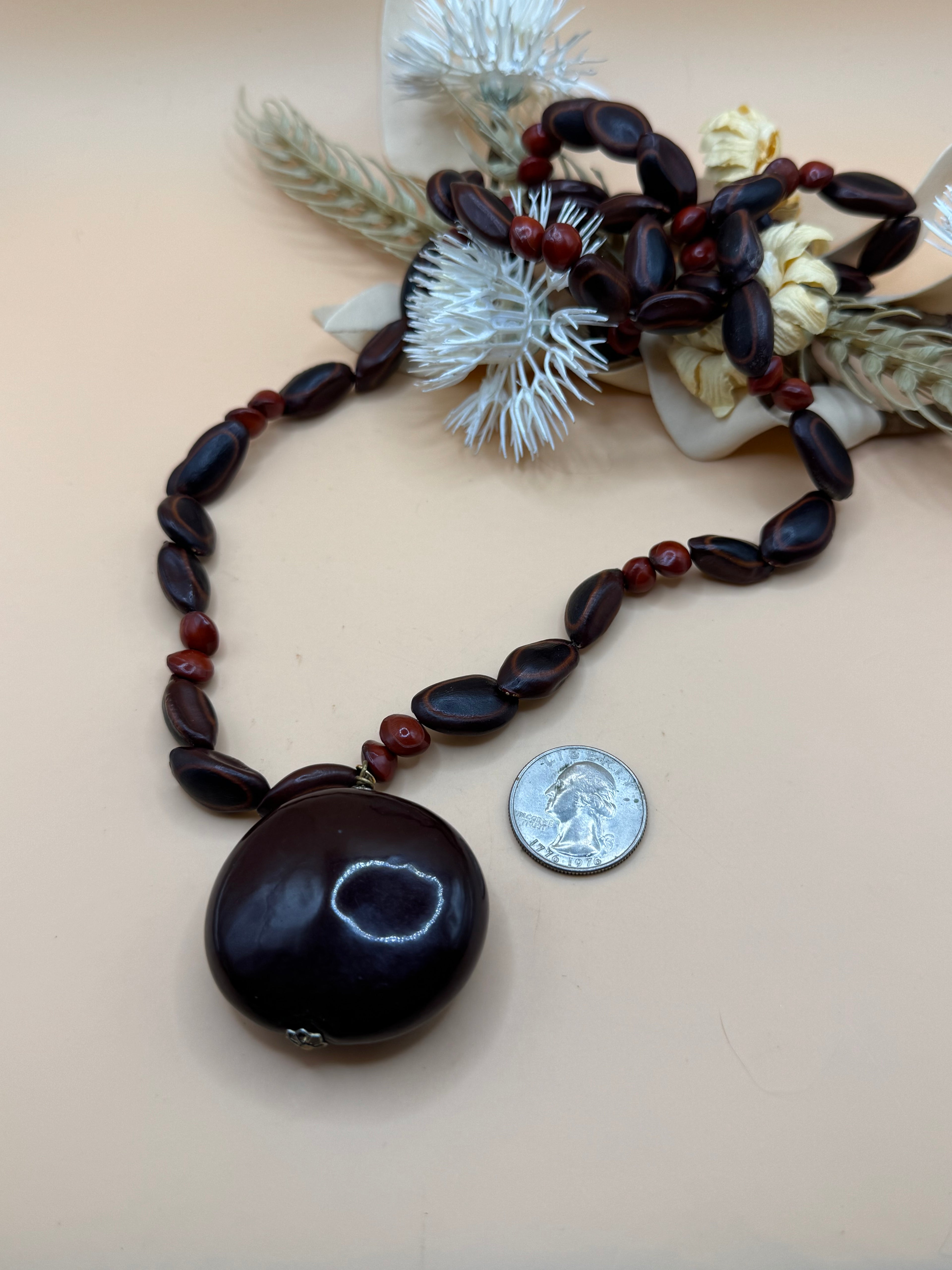 28” Brown Wood & Red Beaded Statement Pendant Necklace