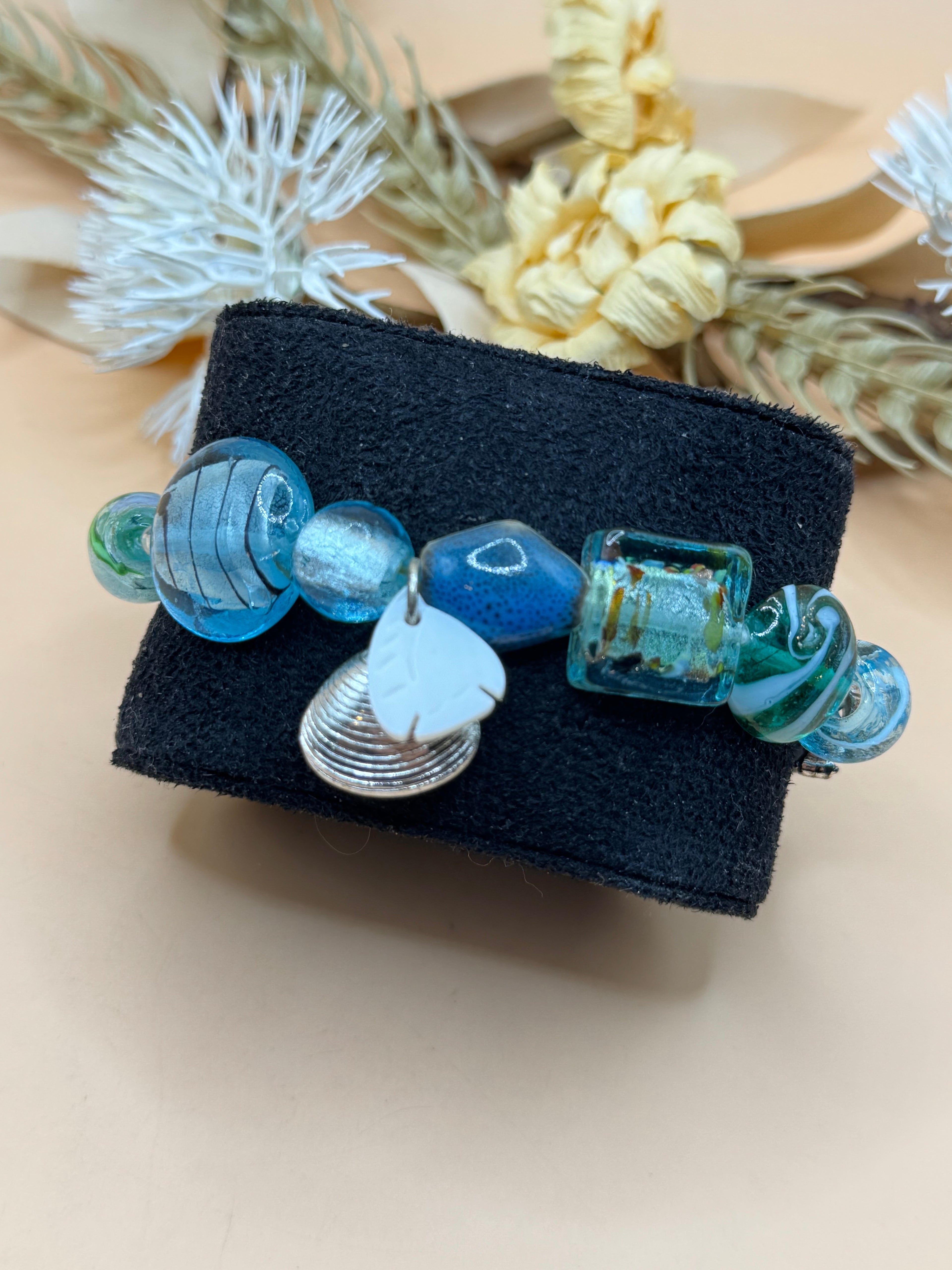 Blue Green Art Glass Beaded Stretch Bracelet with Fish Charm