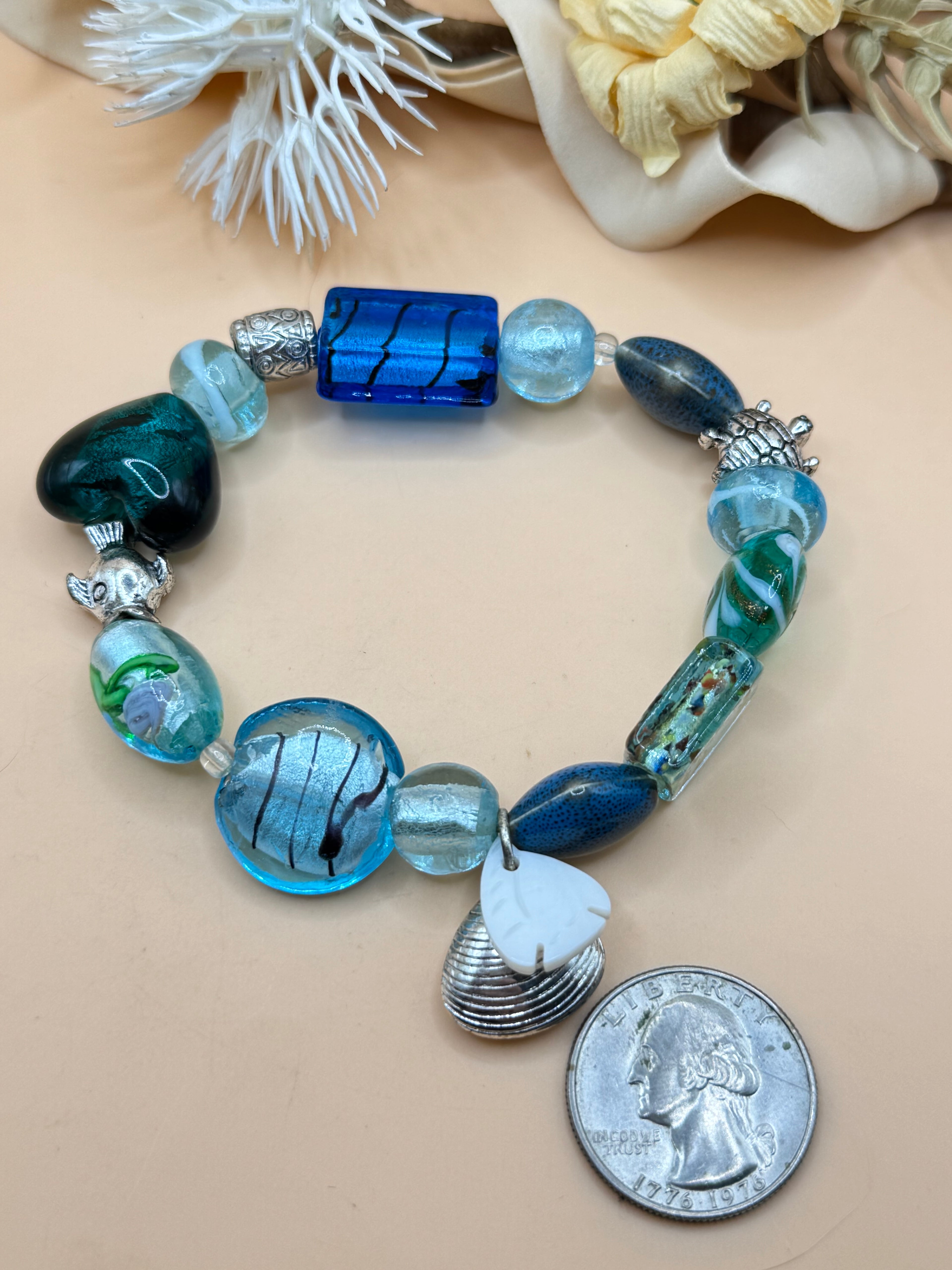Blue Green Art Glass Beaded Stretch Bracelet with Fish Charm