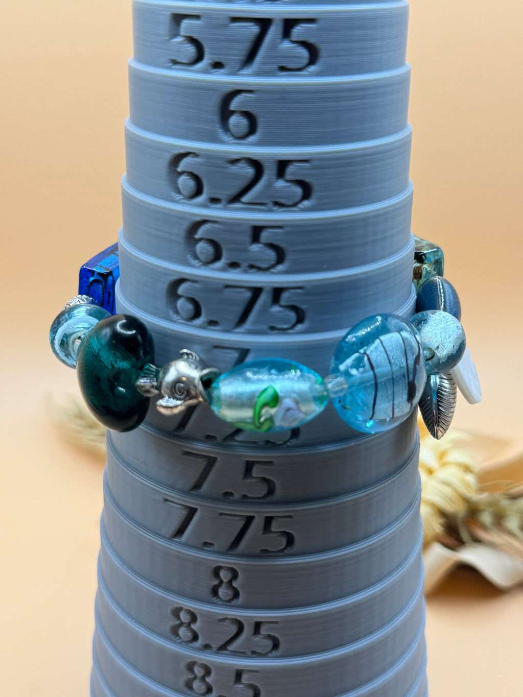 Blue Green Art Glass Beaded Stretch Bracelet with Fish Charm