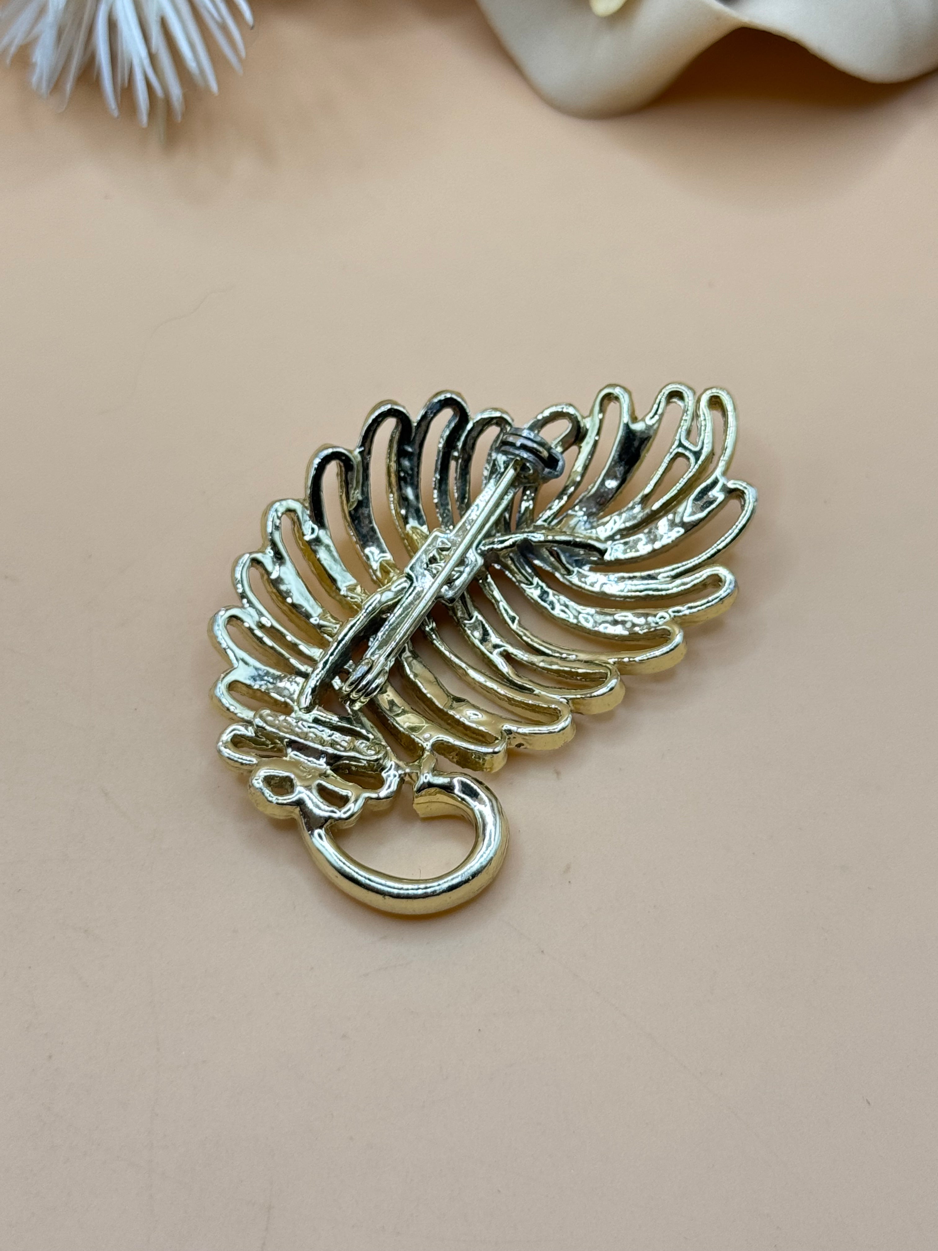 Gold Tone Openwork Feather Brooch