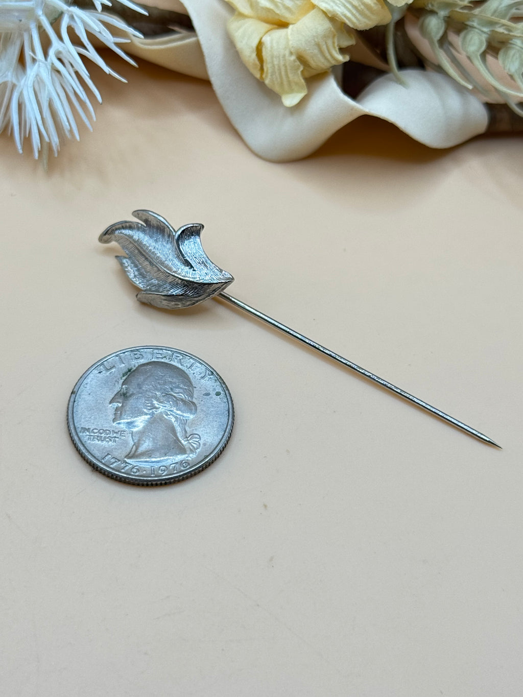 Vintage Silver Tone Textured Leaf Stick Pin