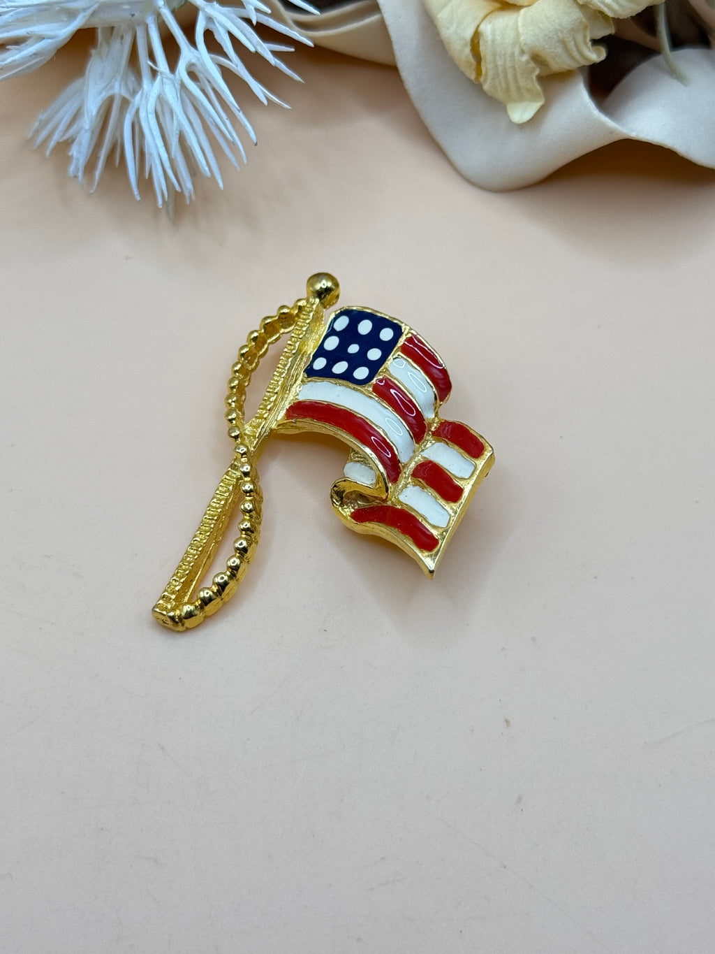 Gold Tone American Flag Enamel Brooch