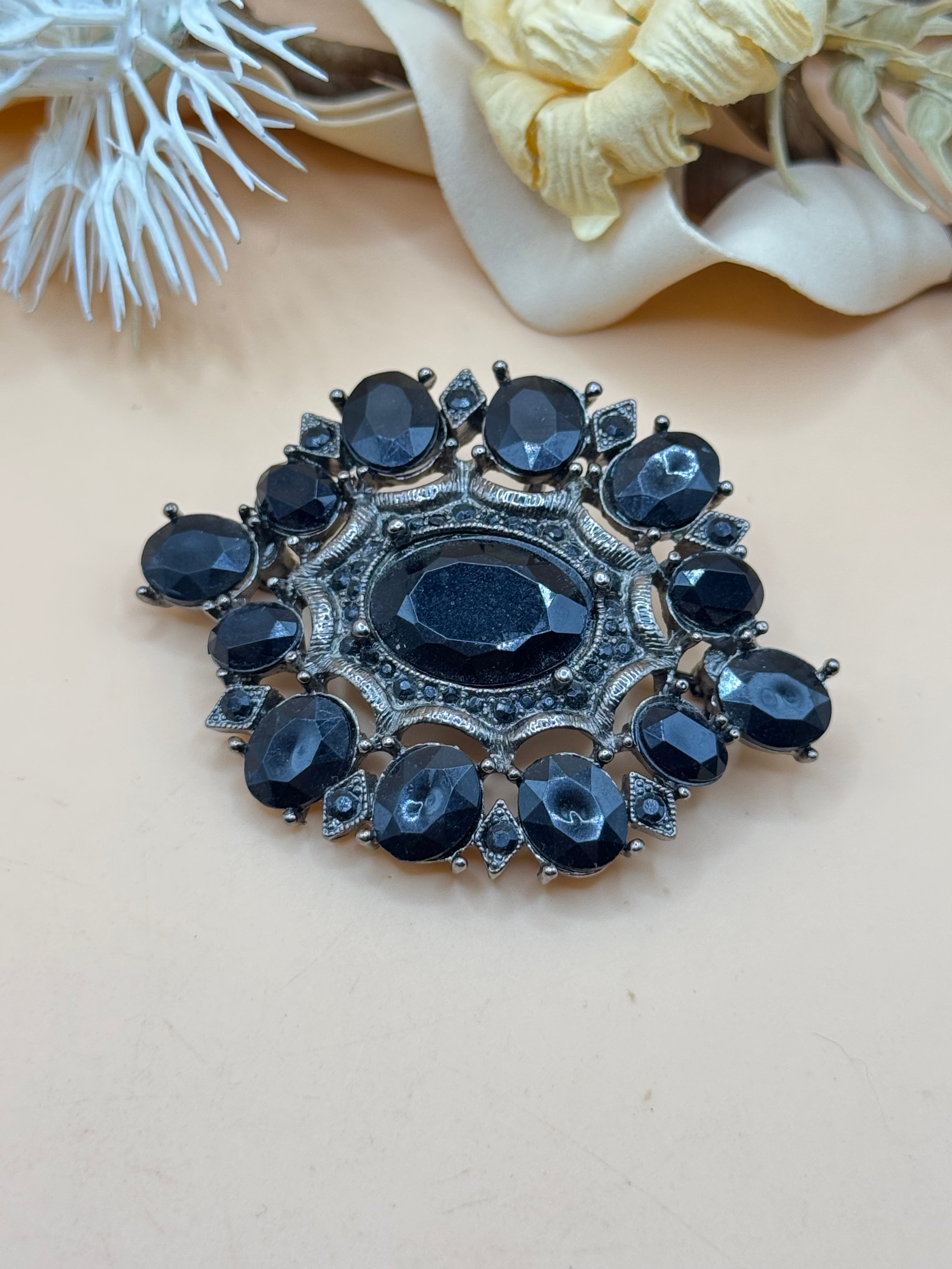 Black Rhinestone Ornate Statement Brooch