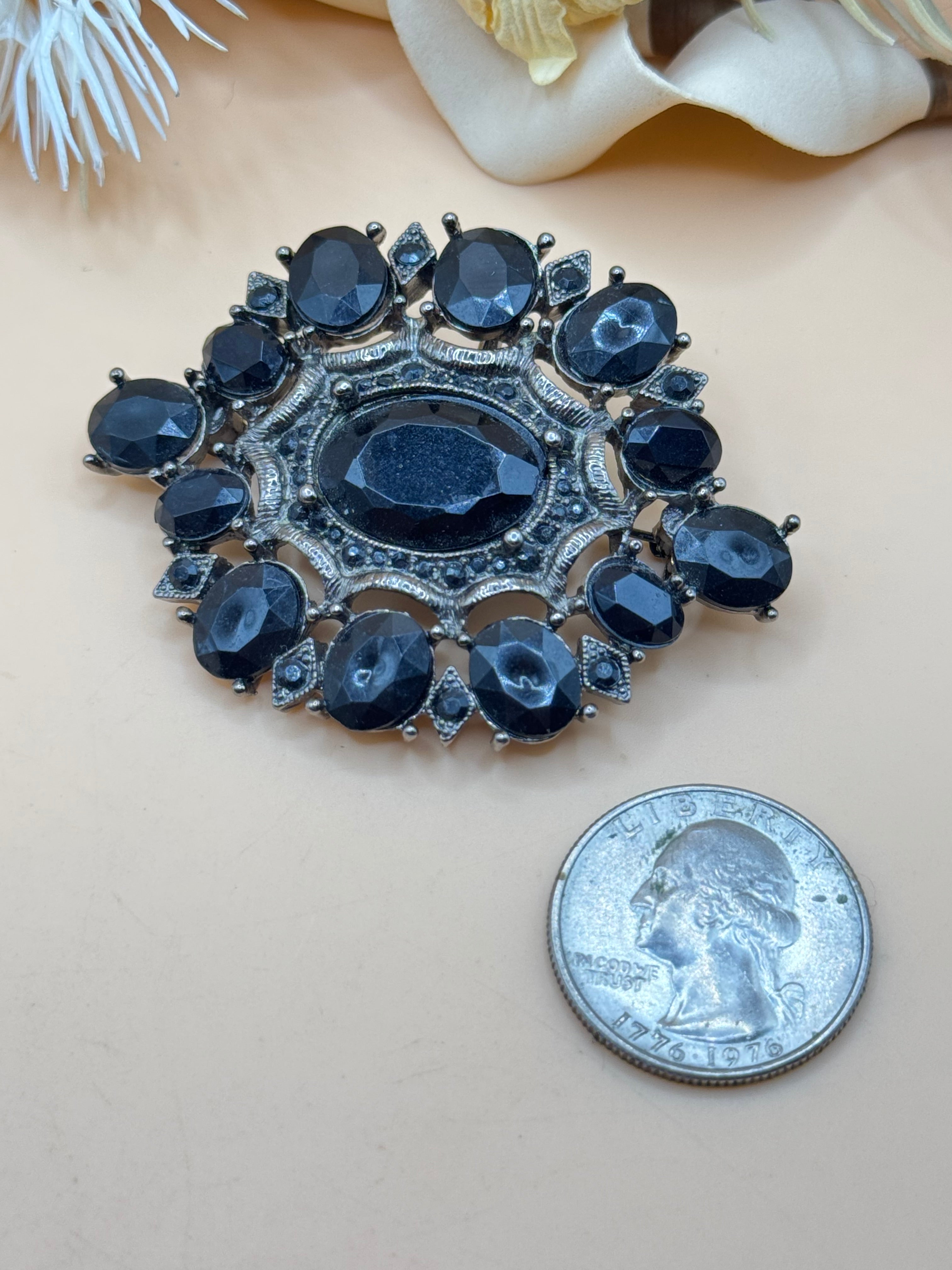 Black Rhinestone Ornate Statement Brooch