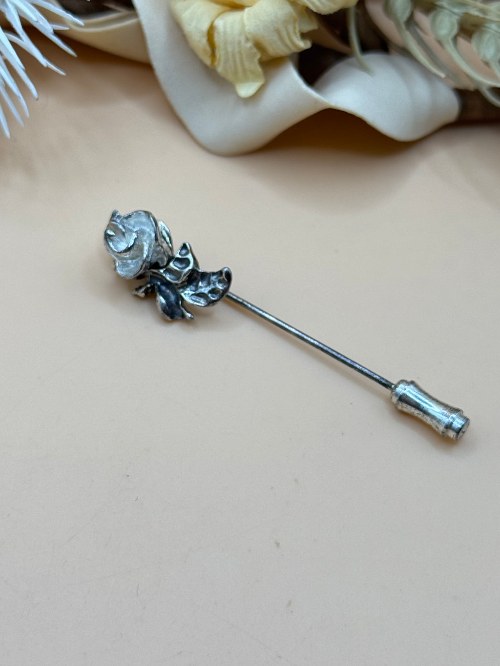Vintage Silver-Tone Rose Floral Stick Pin