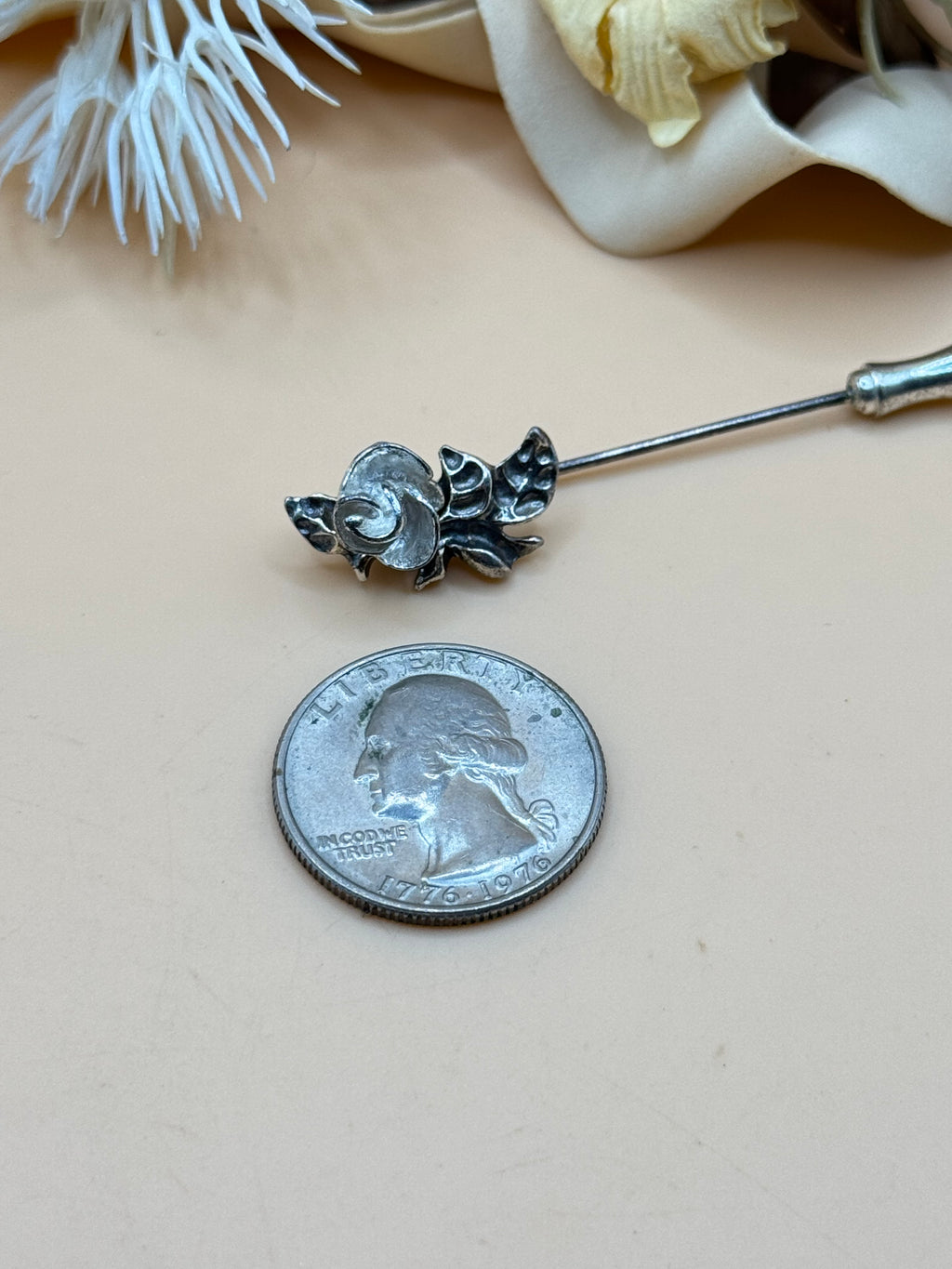 Vintage Silver-Tone Rose Floral Stick Pin
