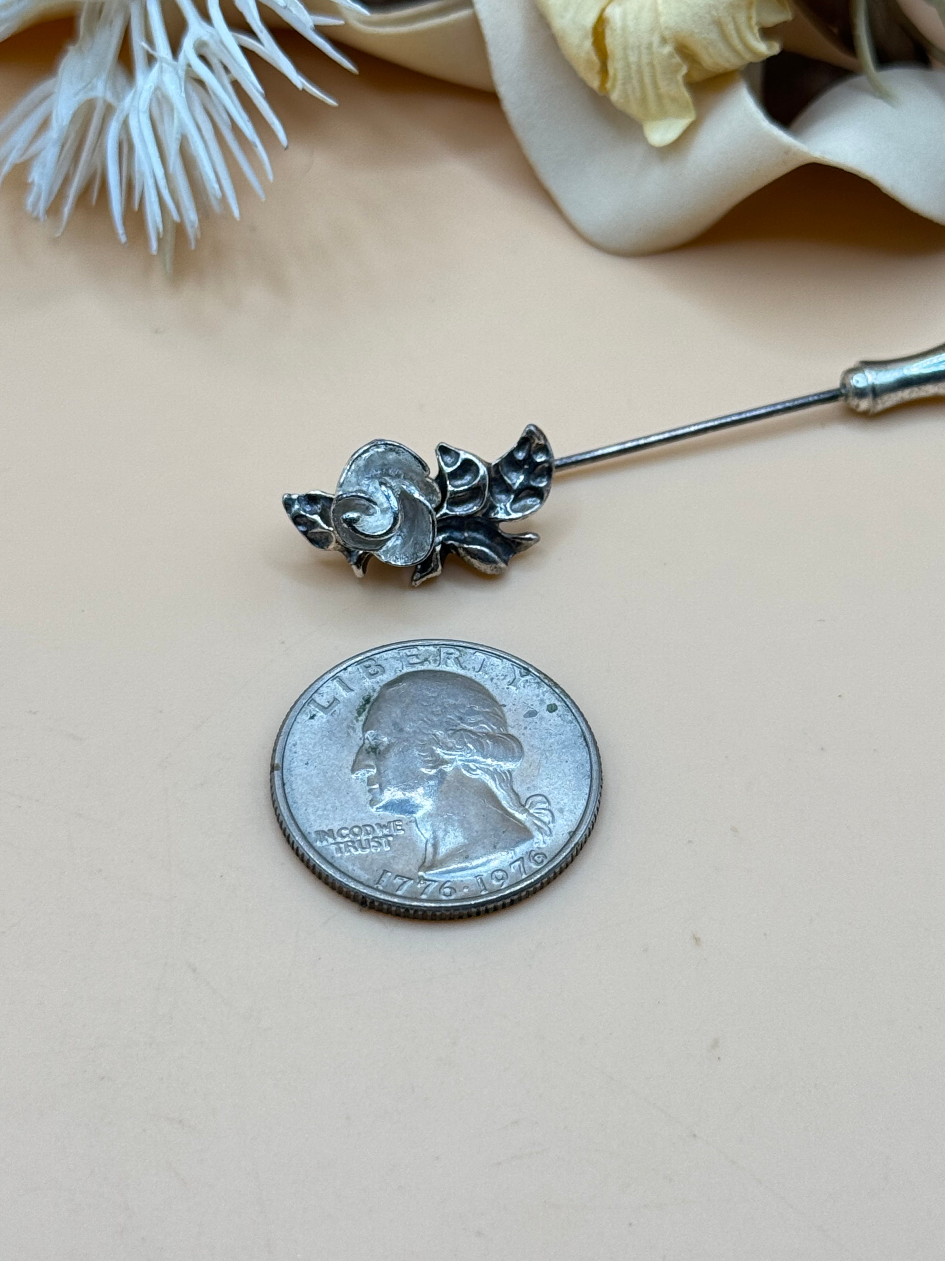 Vintage Silver-Tone Rose Floral Stick Pin