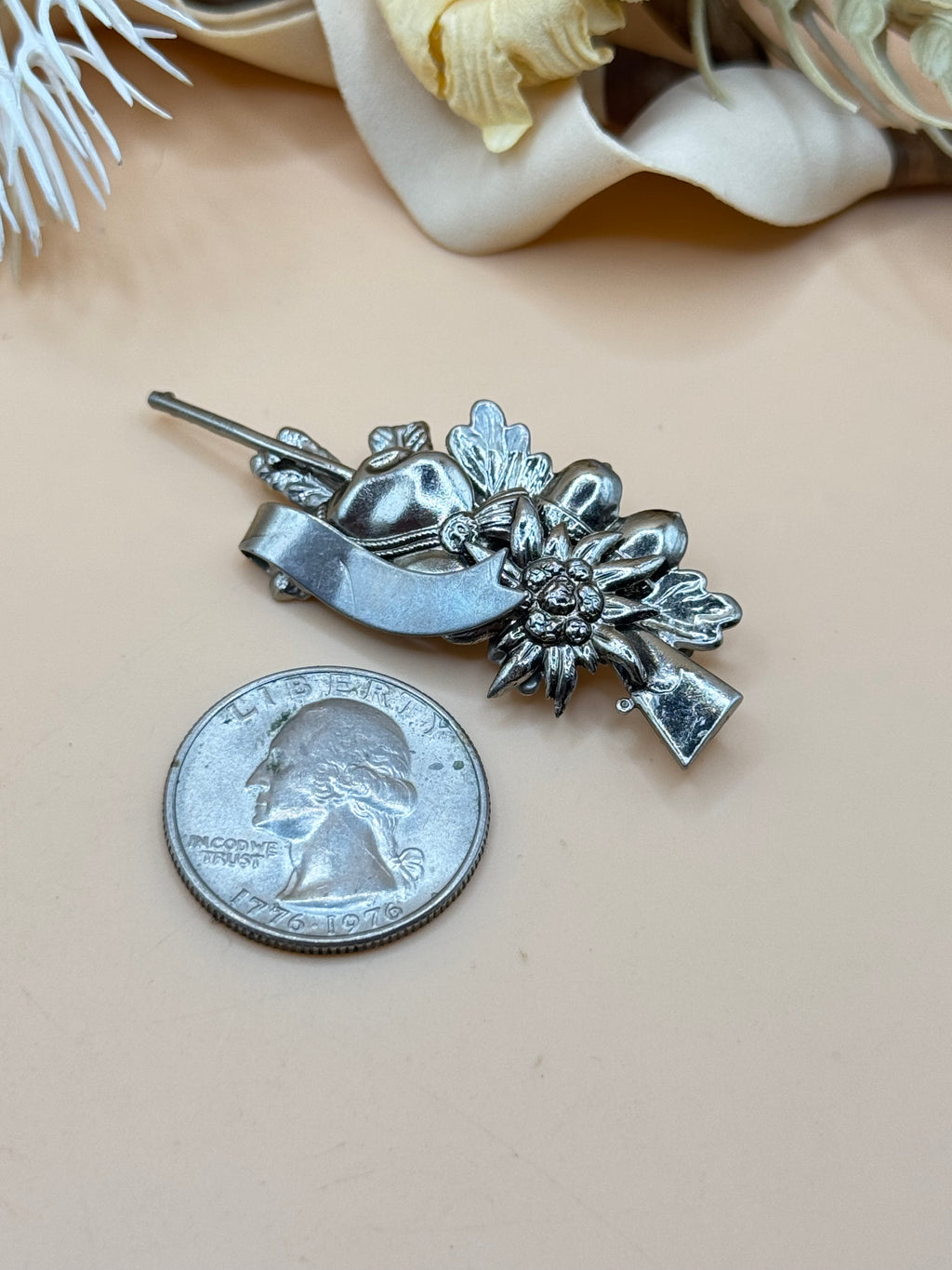 Vintage Western Cowboy Hat, Rifle & Edelweiss Brooch Silver Tone