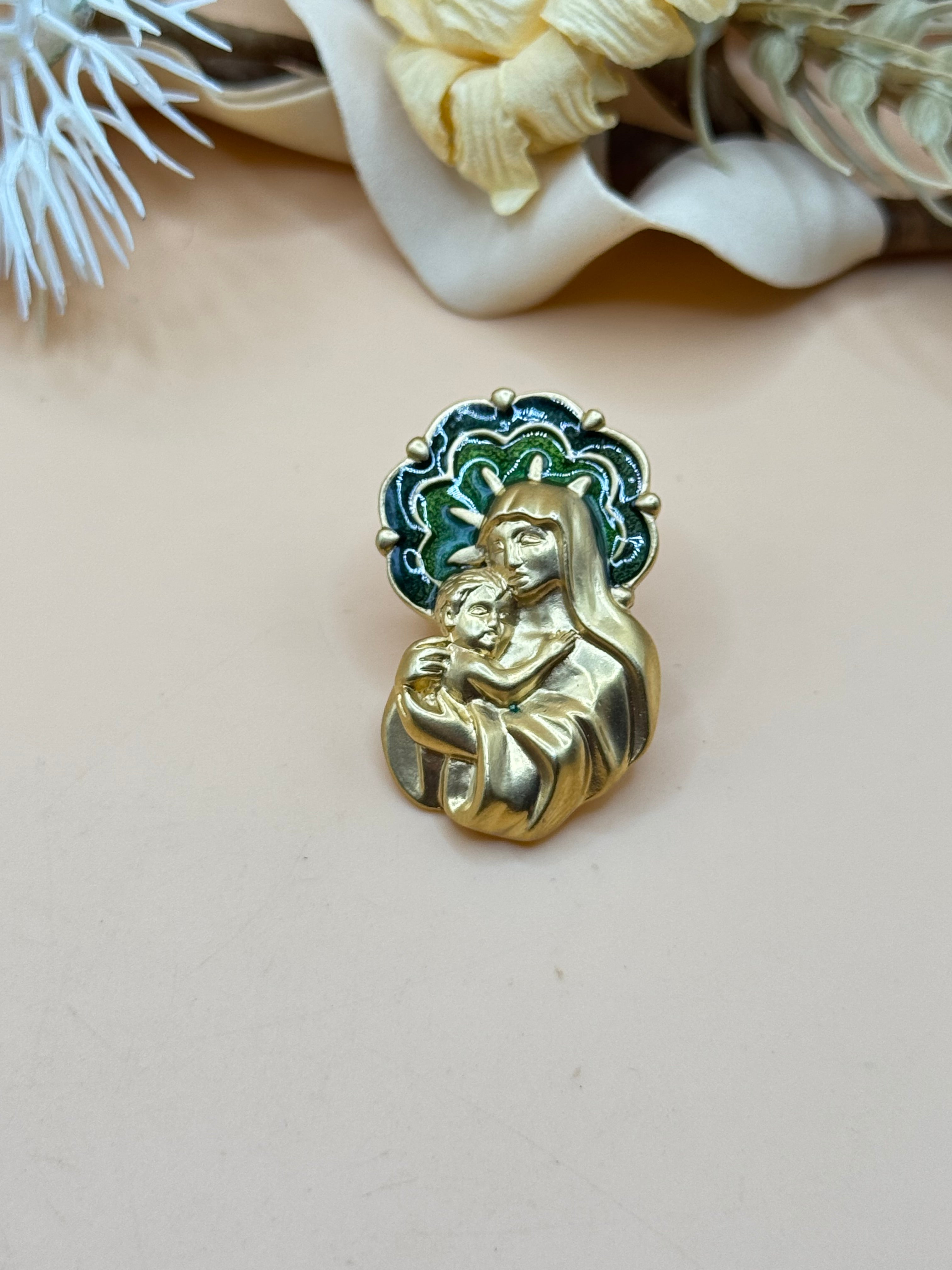 Avon Madonna & Child Gold Tone Green Enamel Religious Lapel Pin