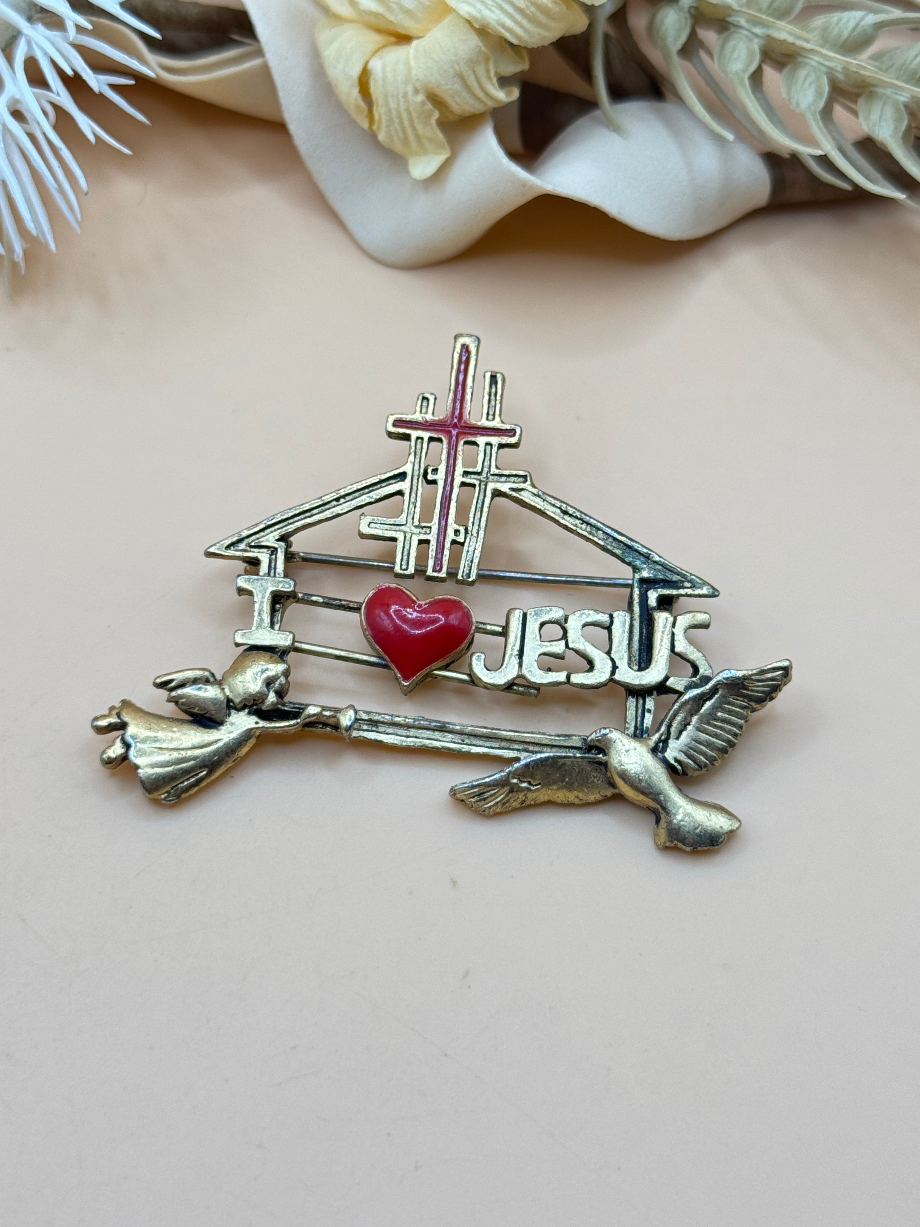 I Love Jesus Cross Heart Angel Dove Religious Brooch