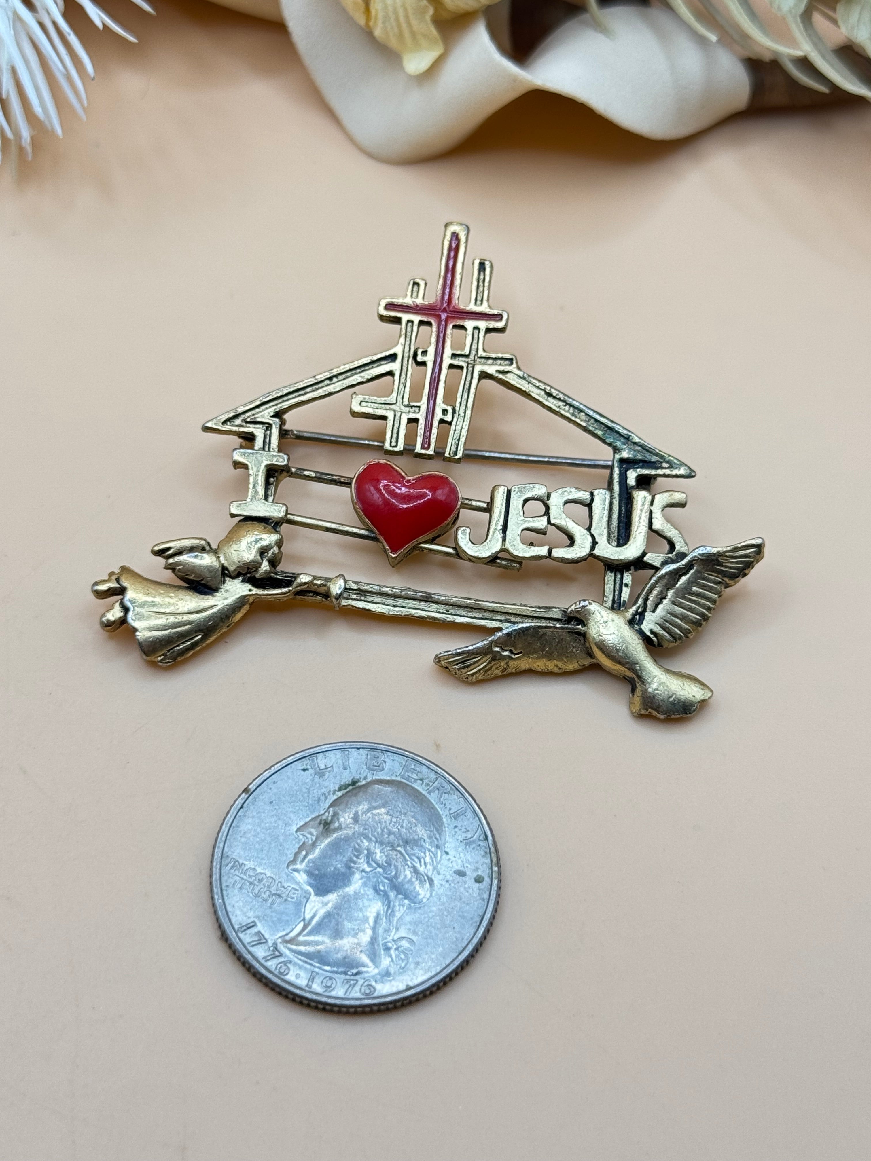 I Love Jesus Cross Heart Angel Dove Religious Brooch