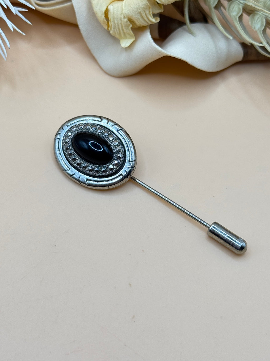 Black Cabochon and Rhinestone Silver Tone Stick Pin