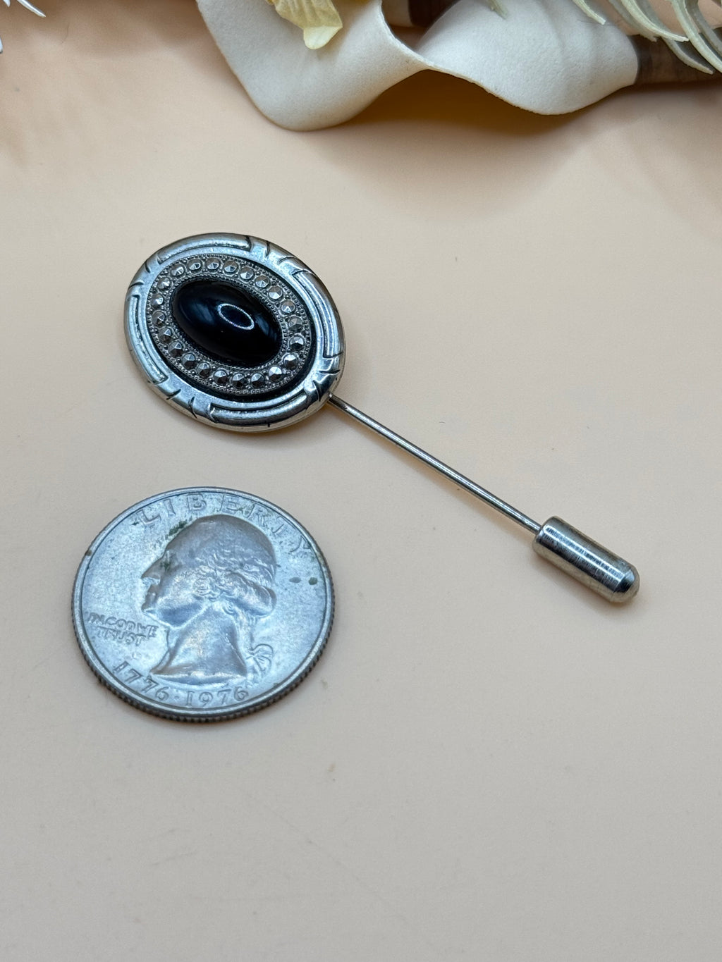 Black Cabochon and Rhinestone Silver Tone Stick Pin