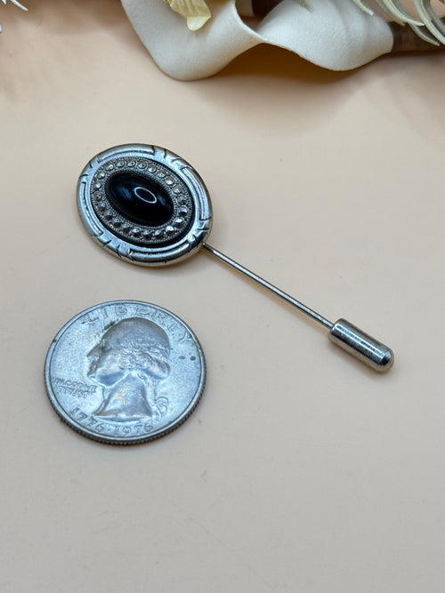 Black Cabochon and Rhinestone Silver Tone Stick Pin