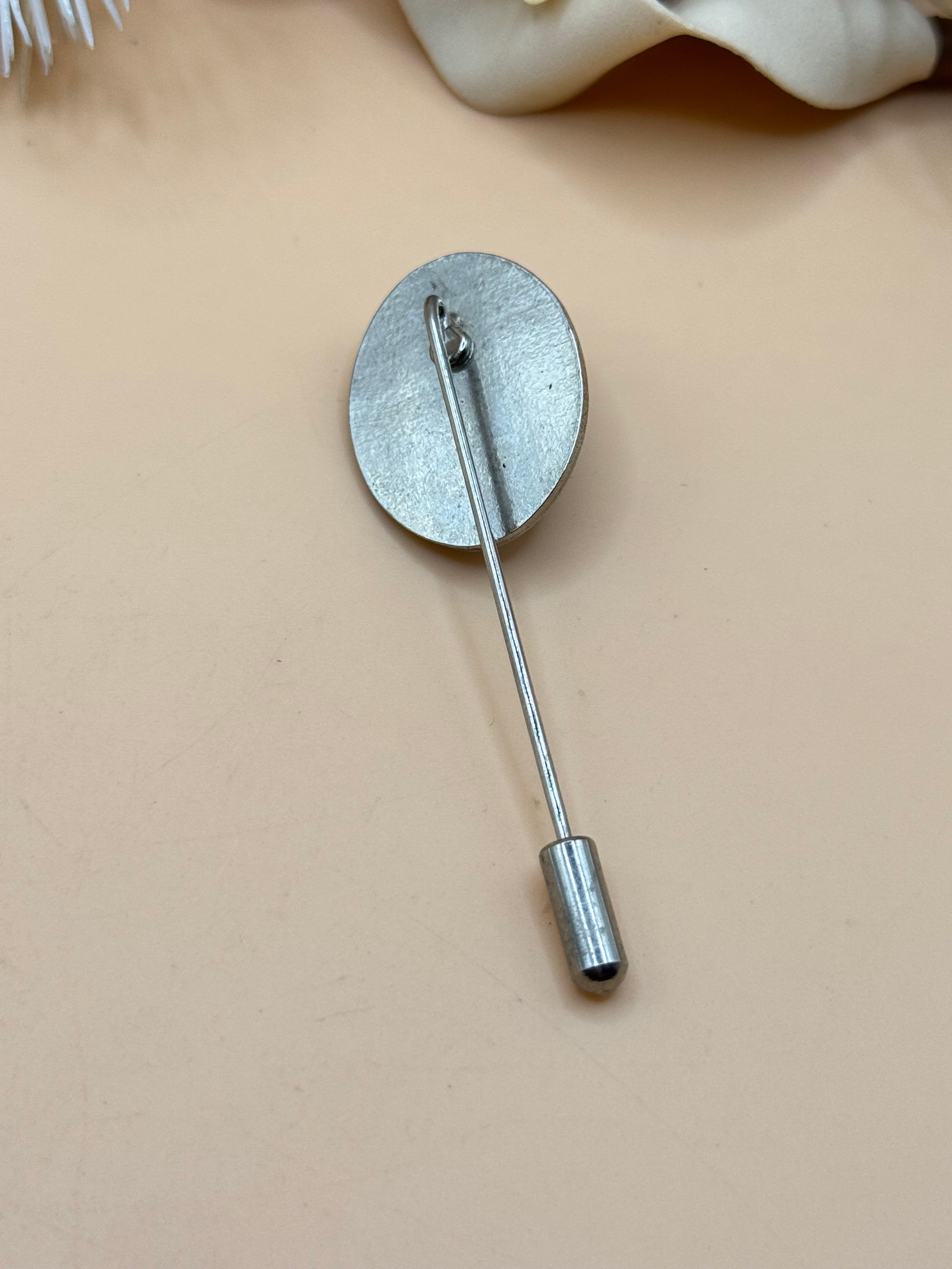 Black Cabochon and Rhinestone Silver Tone Stick Pin