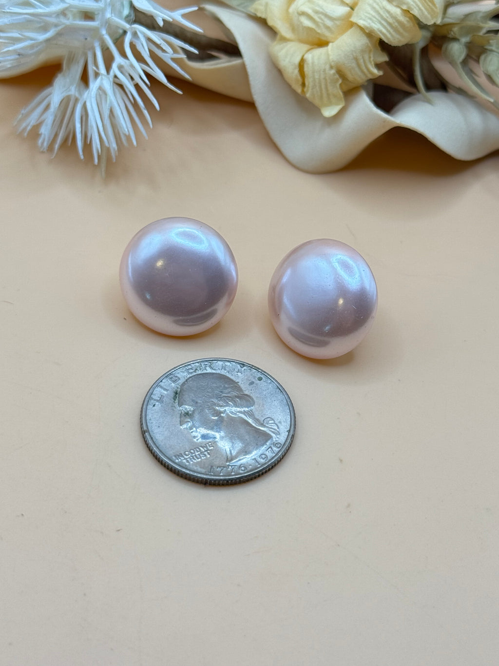 Vintage Pink Faux Pearl Round Stud Earrings