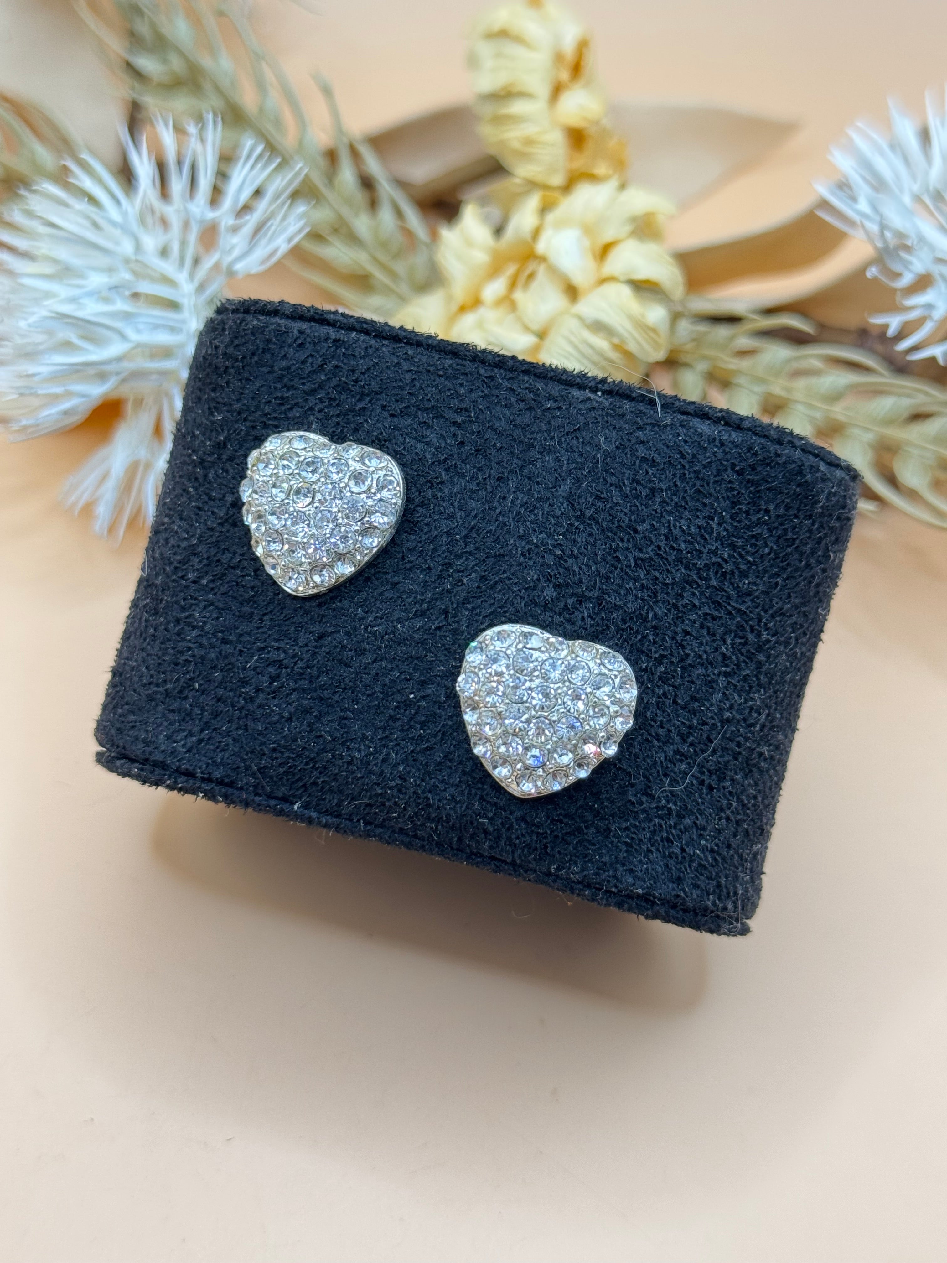 Clear Rhinestone Pave Heart Stud Earrings
