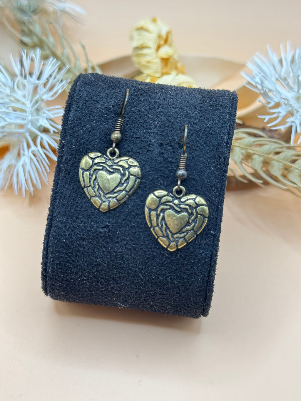 Antique Gold Tone Embossed Heart Dangle Earrings