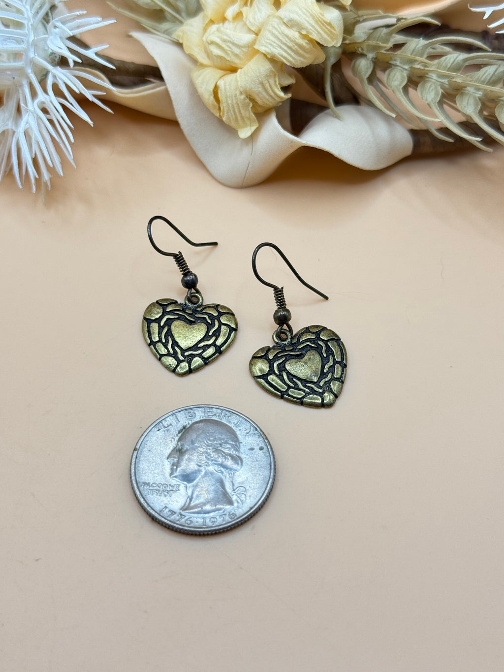 Antique Gold Tone Embossed Heart Dangle Earrings