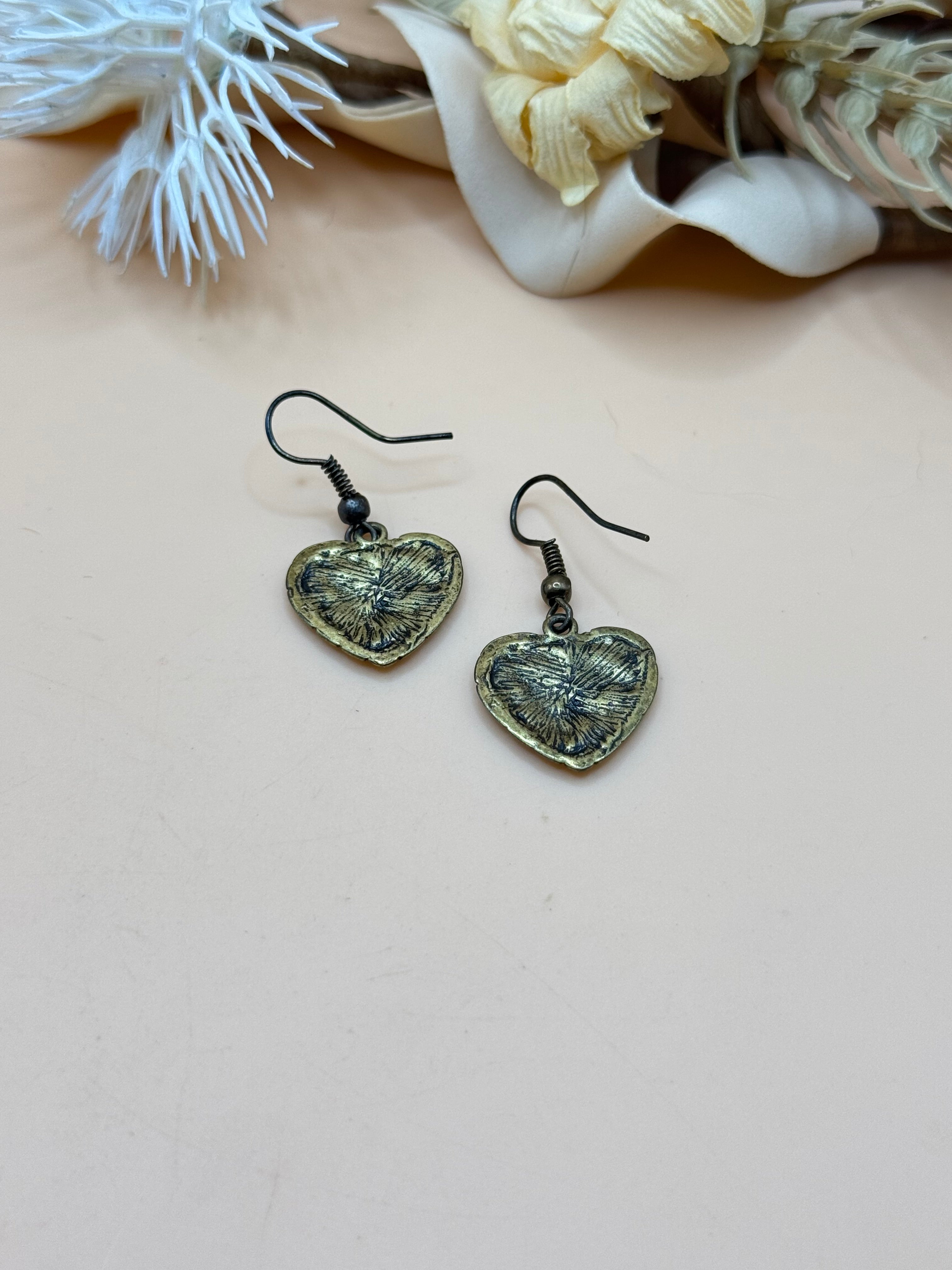 Antique Gold Tone Embossed Heart Dangle Earrings