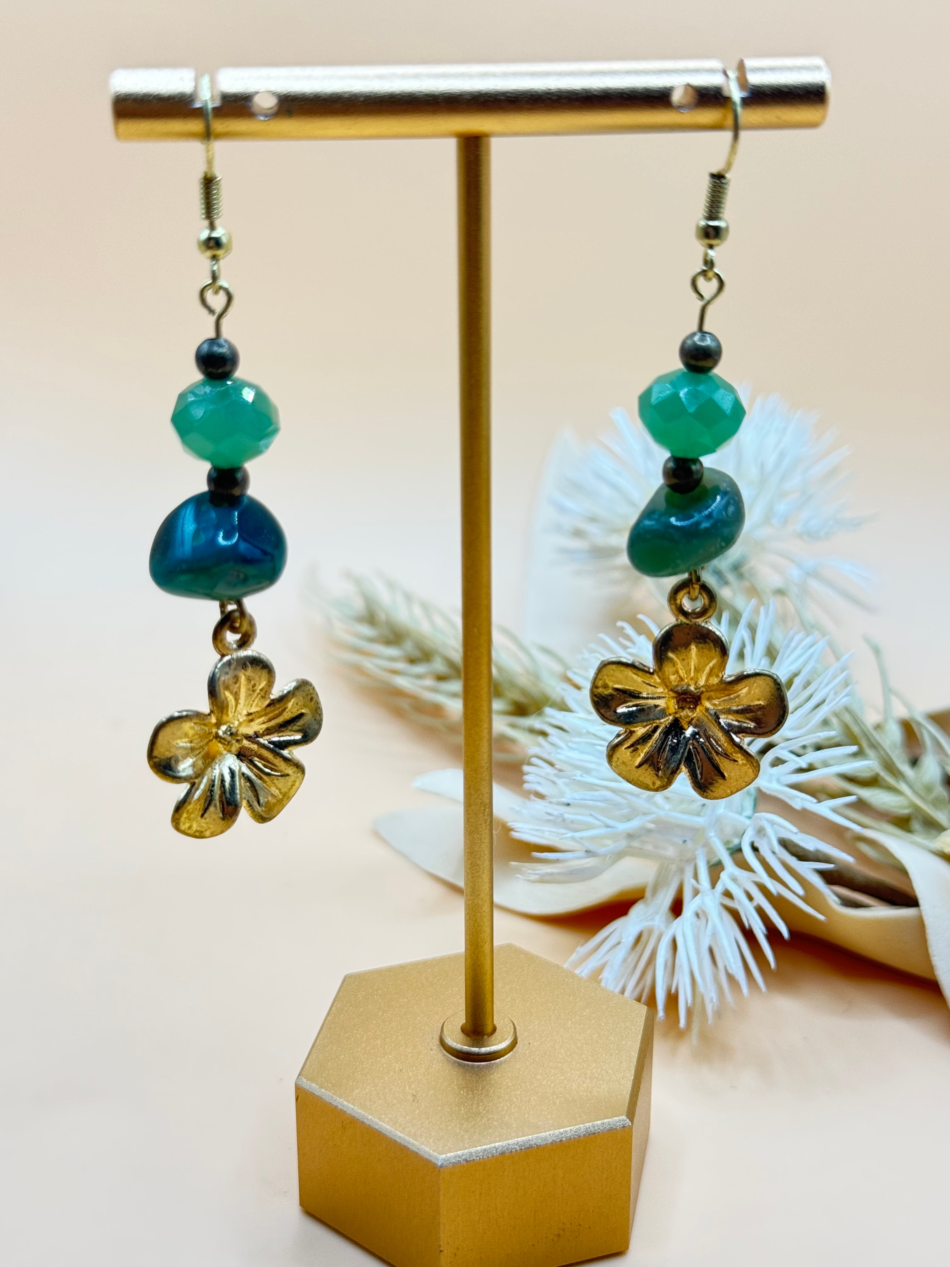 Green Beaded Gold-Tone Flower Dangle Earrings