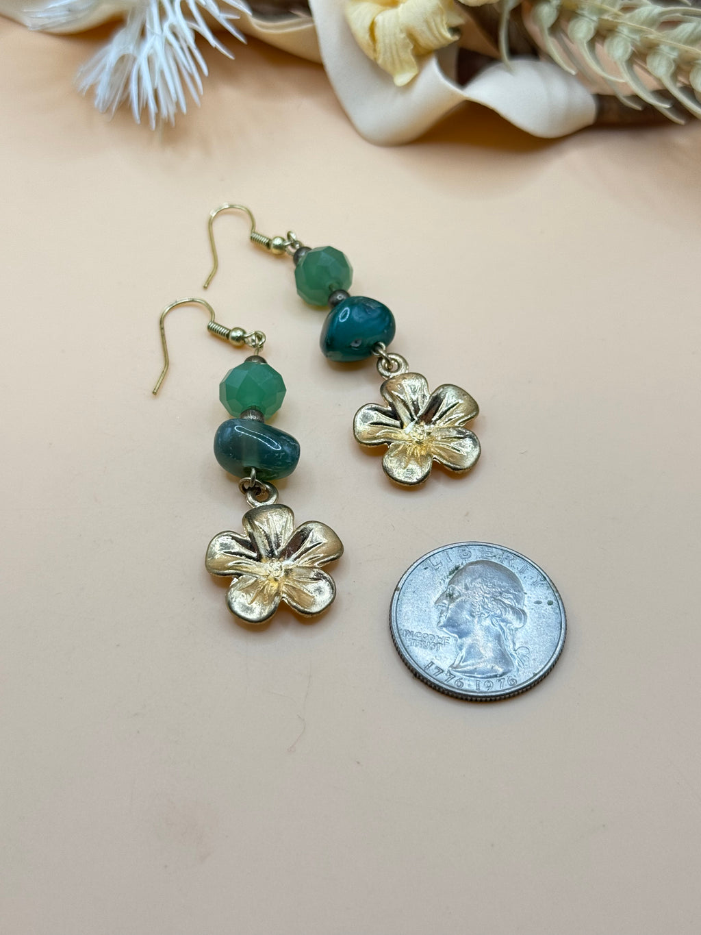 Green Beaded Gold-Tone Flower Dangle Earrings