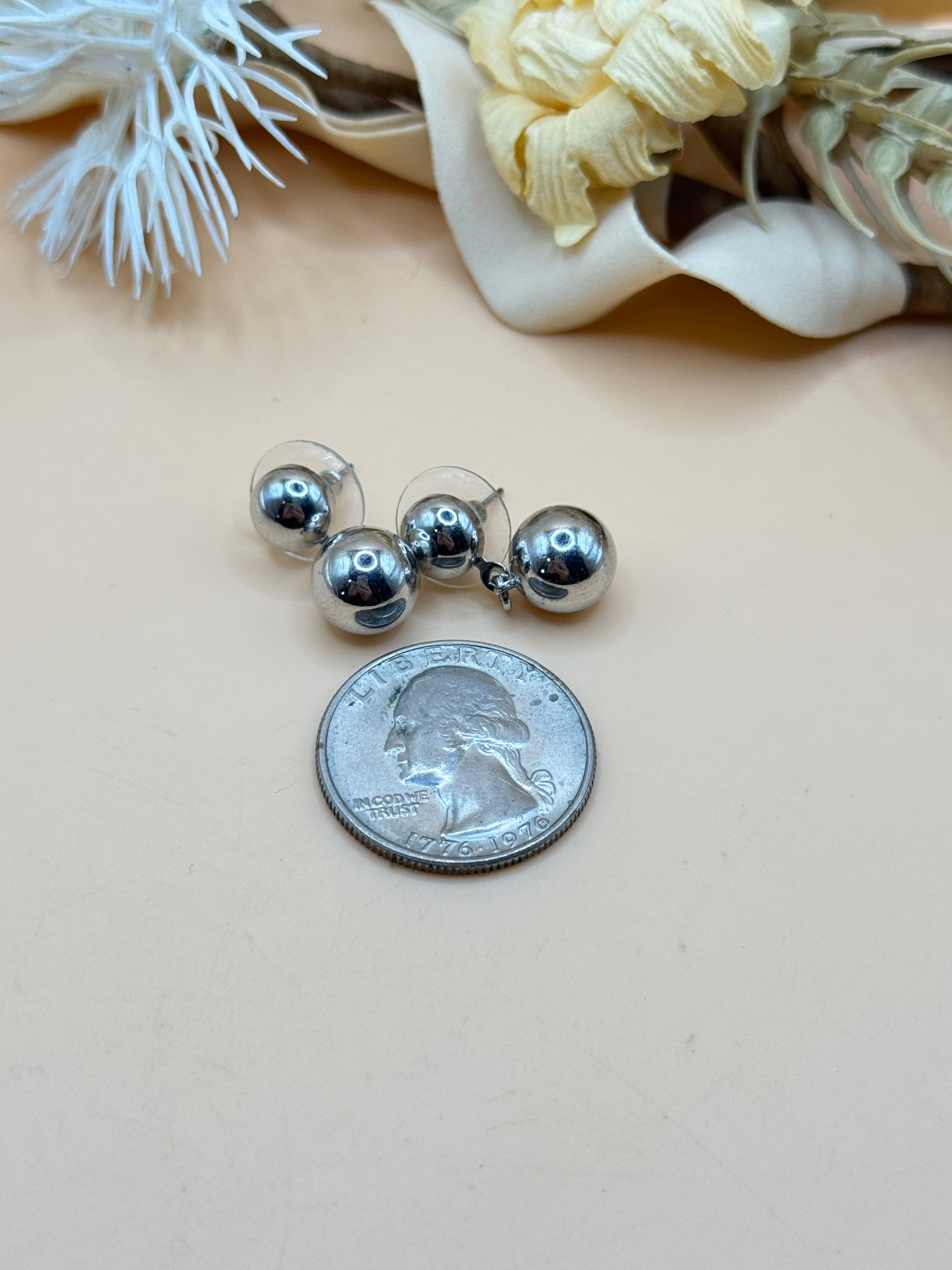 Silver-Tone Double Ball Drop Pierced Earrings