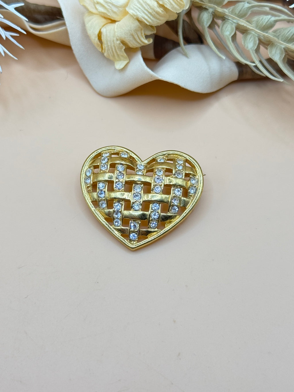 Vintage Monet Gold-Tone Openwork Heart Rhinestone Brooch