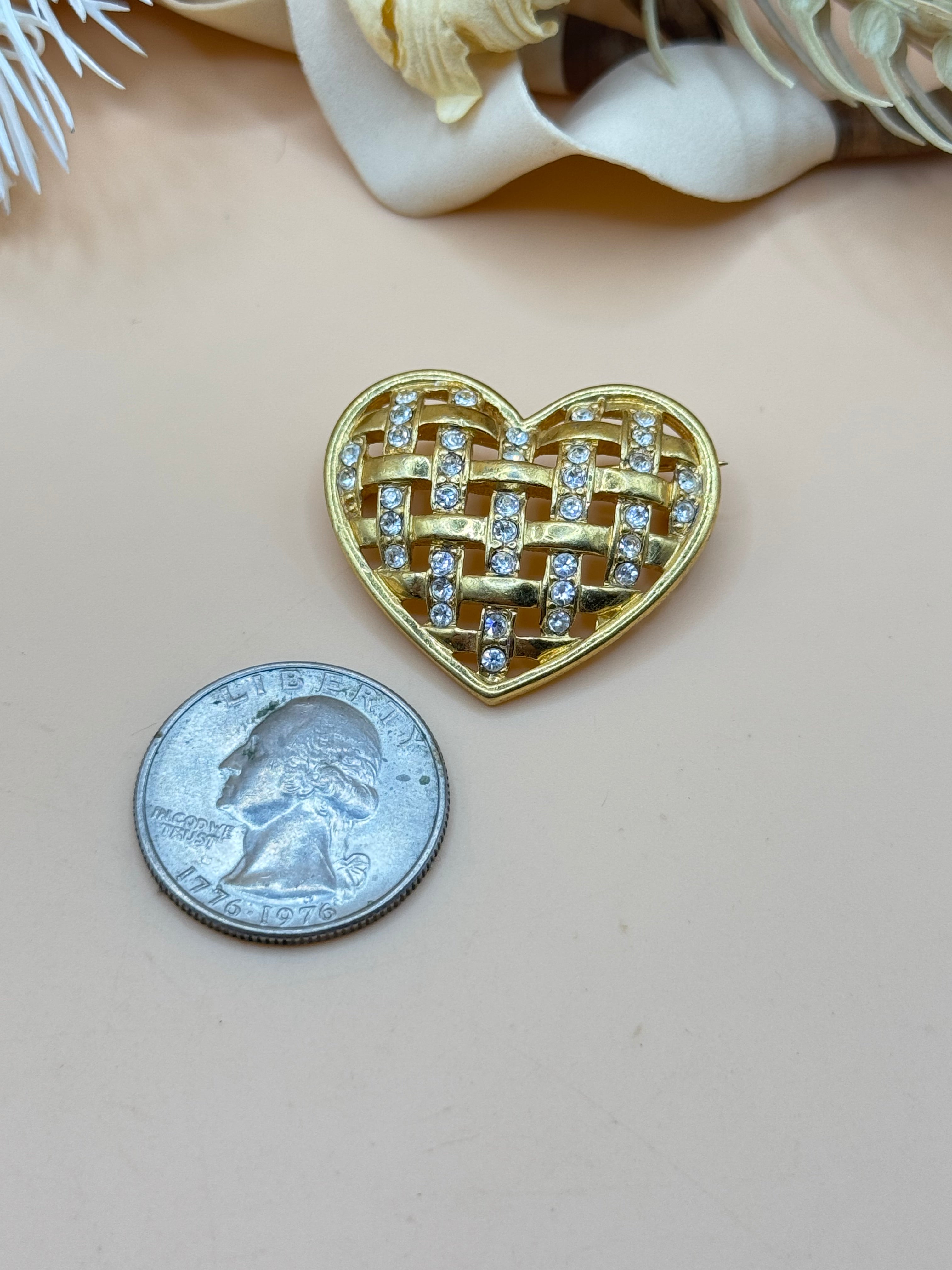 Vintage Monet Gold-Tone Openwork Heart Rhinestone Brooch