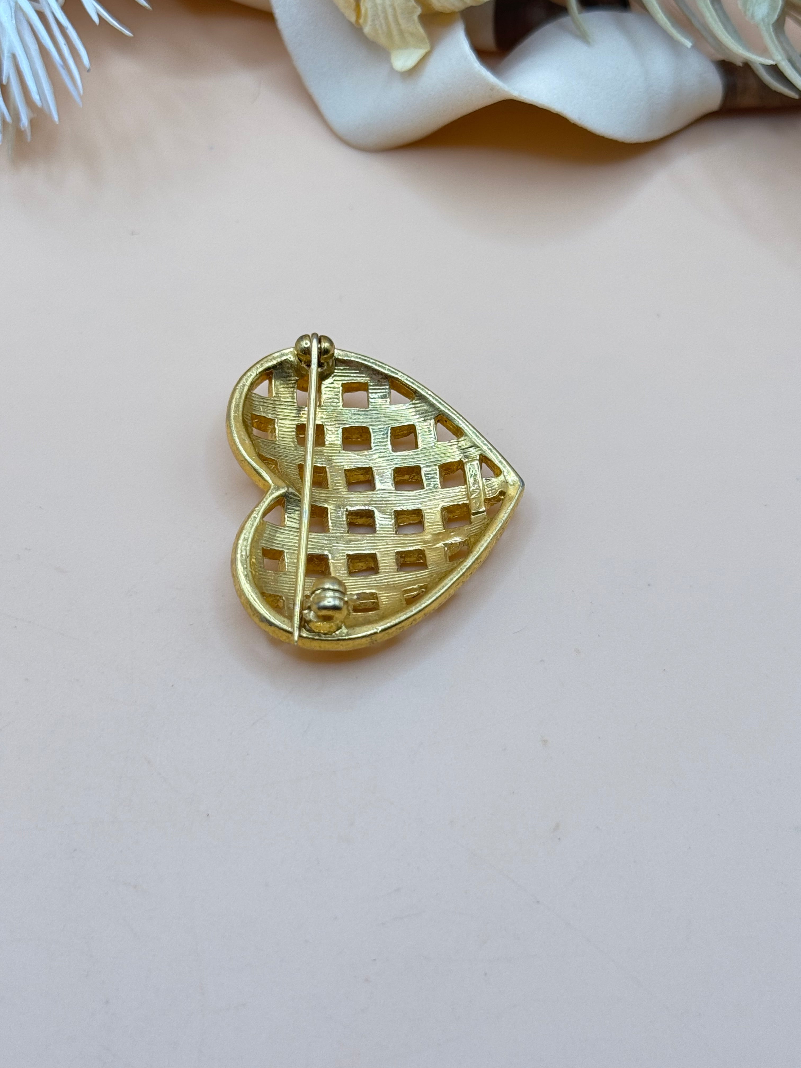 Vintage Monet Gold-Tone Openwork Heart Rhinestone Brooch