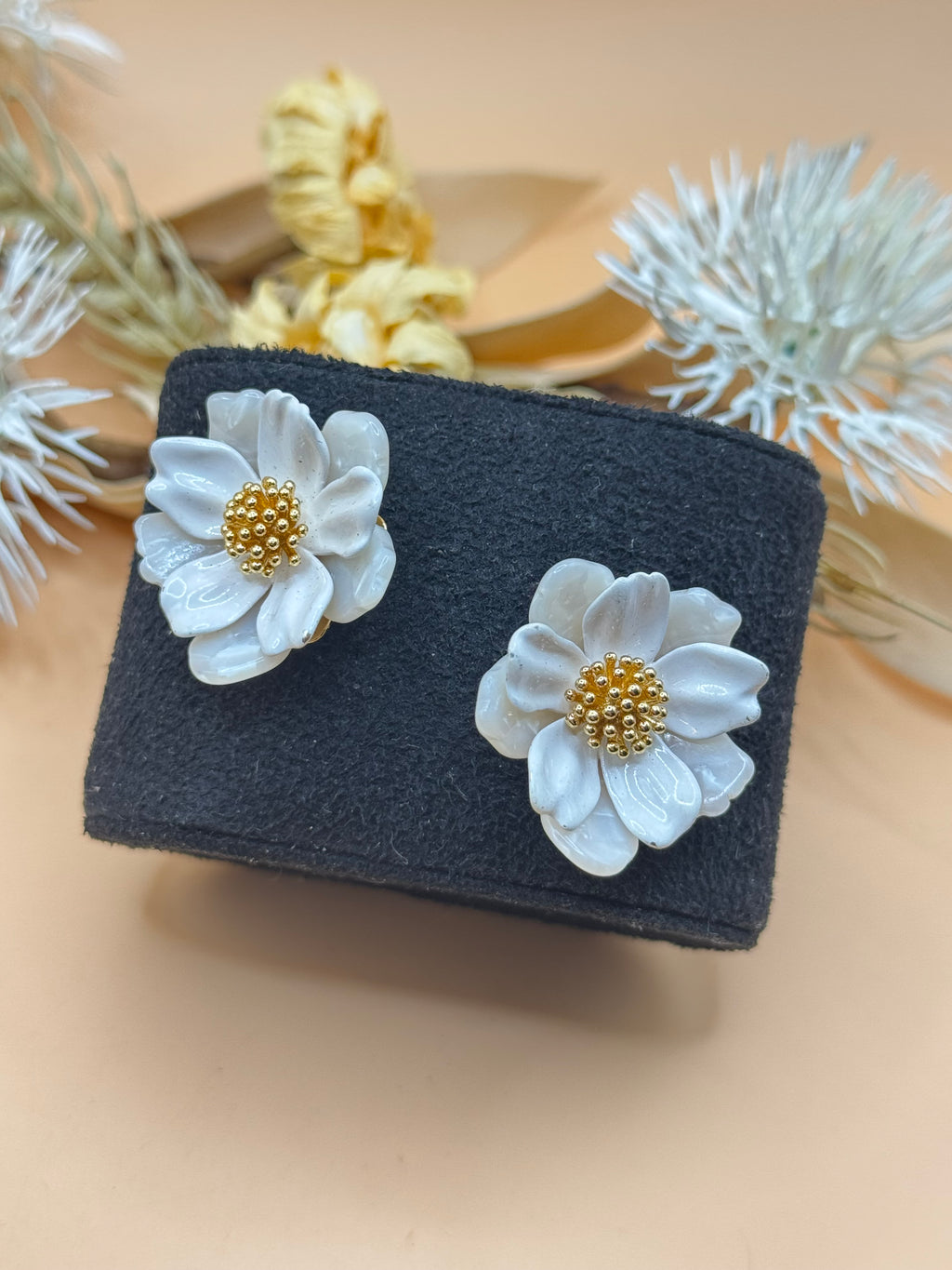 White Flower Gold-Tone Pierced Statement Earrings