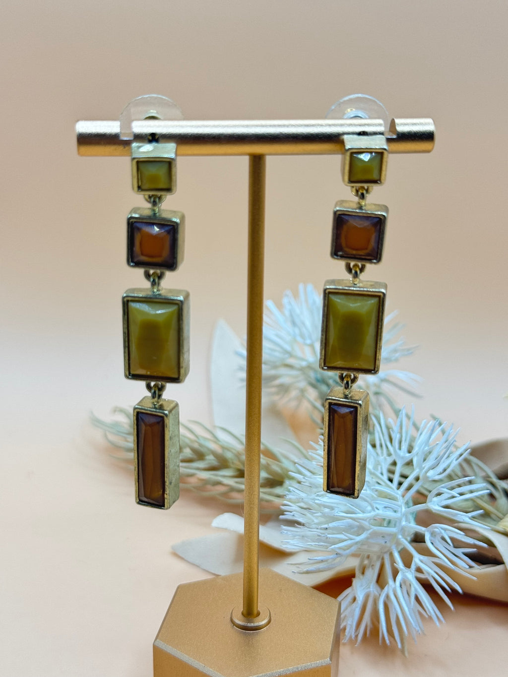 Olive Green & Amber Geometric Gold-Tone Drop Earrings