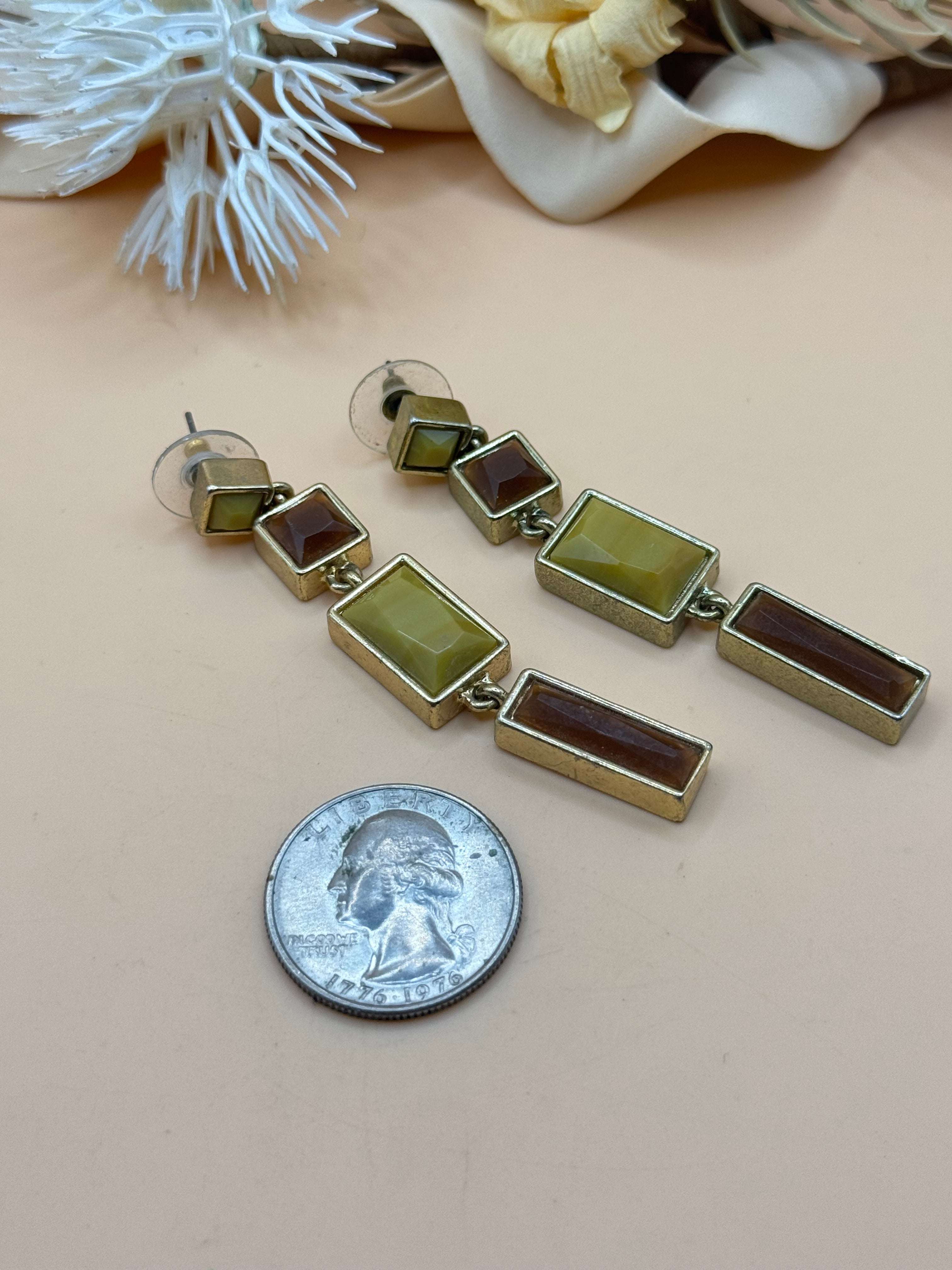 Olive Green & Amber Geometric Gold-Tone Drop Earrings
