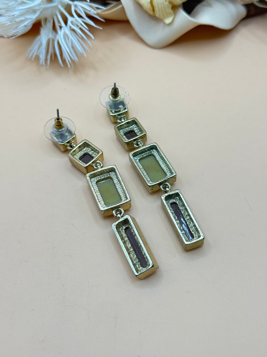 Olive Green & Amber Geometric Gold-Tone Drop Earrings