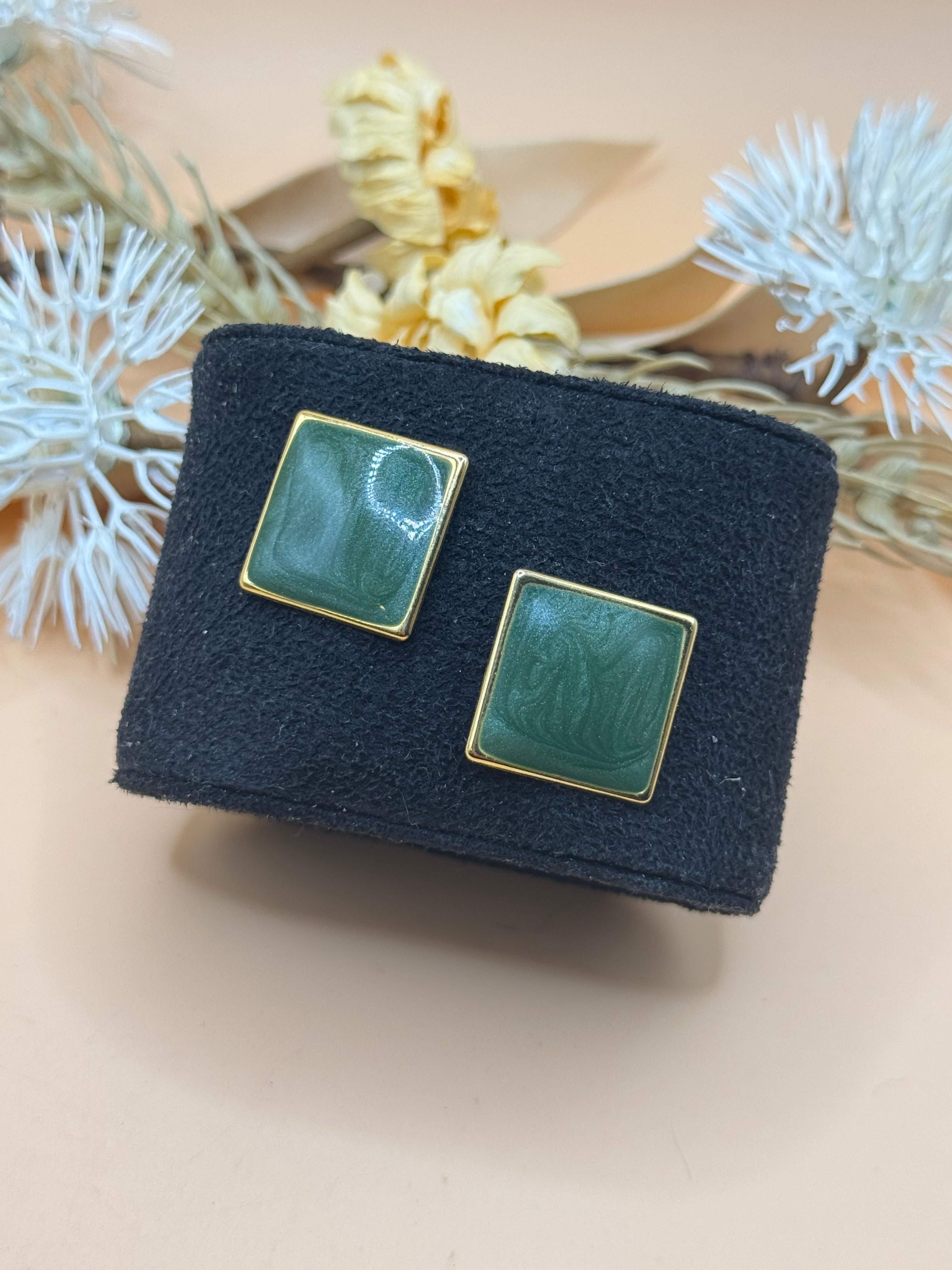 Vintage Green Swirl Rectangular Gold-Tone Pierced Earrings