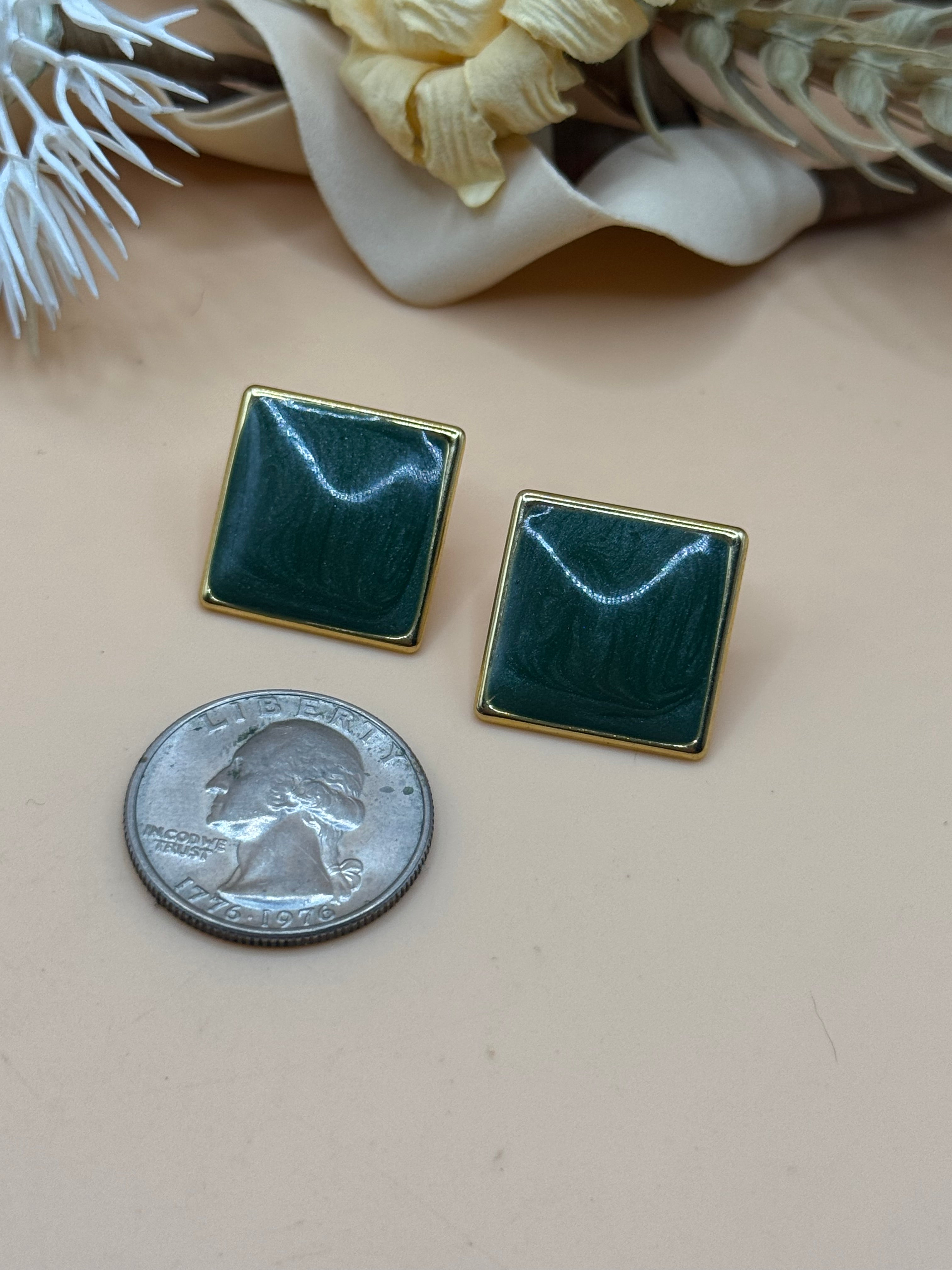 Vintage Green Swirl Rectangular Gold-Tone Pierced Earrings