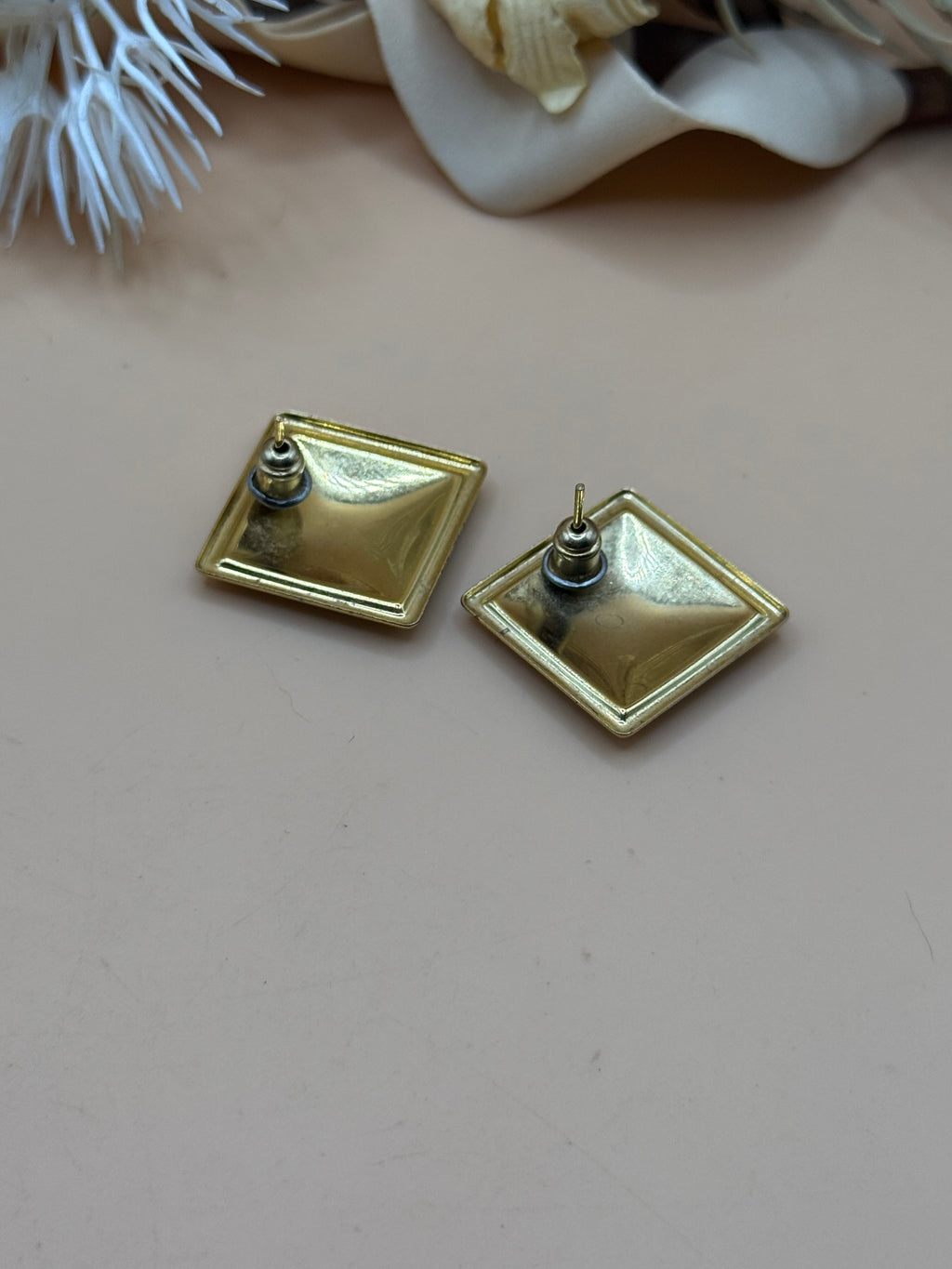 Vintage Green Swirl Rectangular Gold-Tone Pierced Earrings